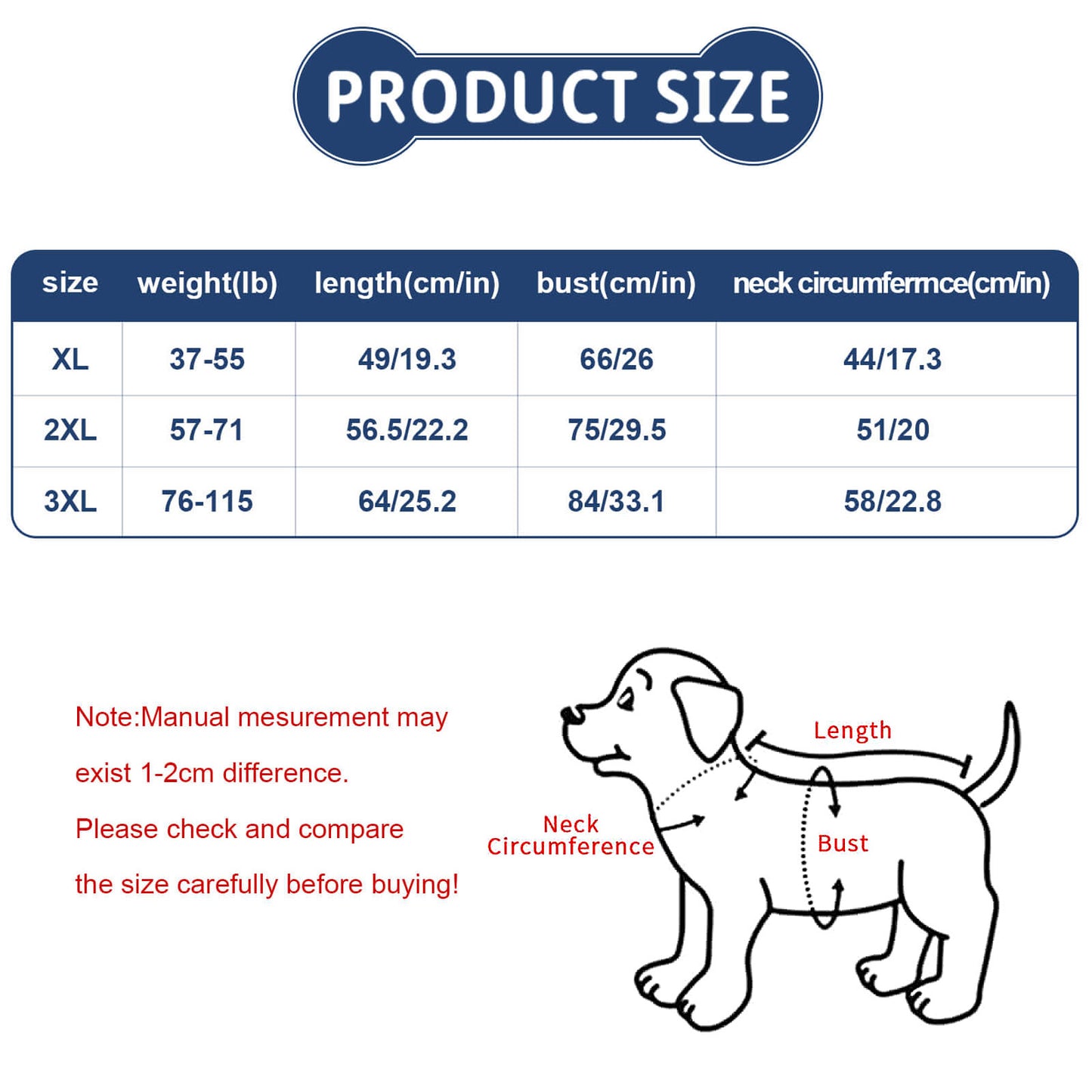 Size chart for large breed dog cooling vests, featuring XL to 3XL measurements for big dogs.
