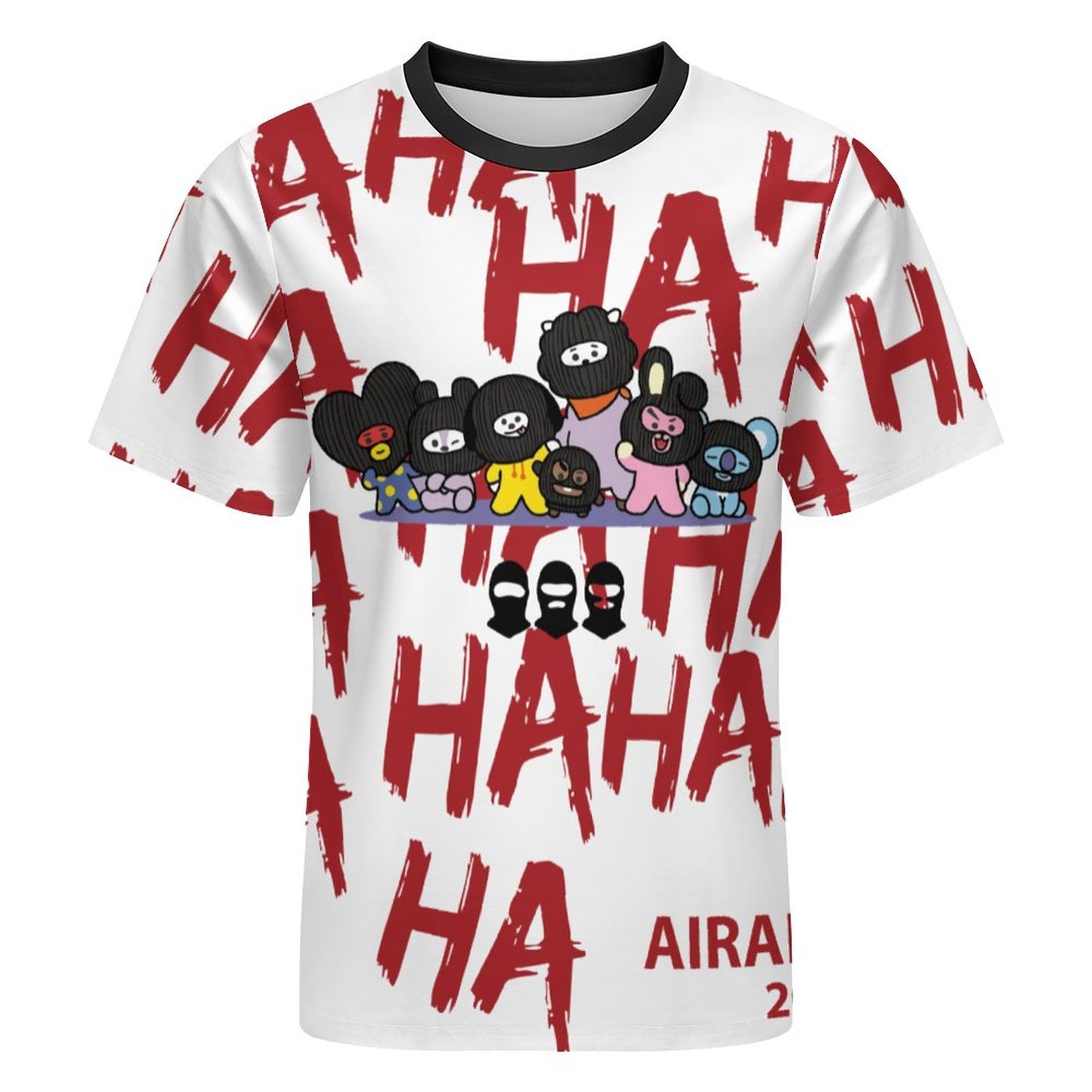 Front view of BT21 Hooligan t-shirt with black neckband trim, featuring cartoon characters and a red HA HA HA graphic.