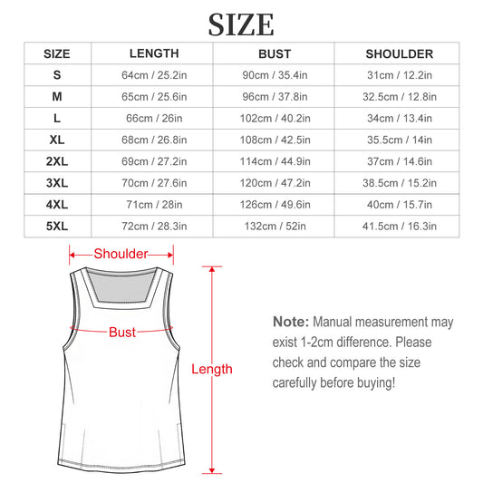 Flat-laid size and measurement guide graphic for the square neck tank top, detailing chest, length, and half-shoulder dimensions in both centimeters and inches.