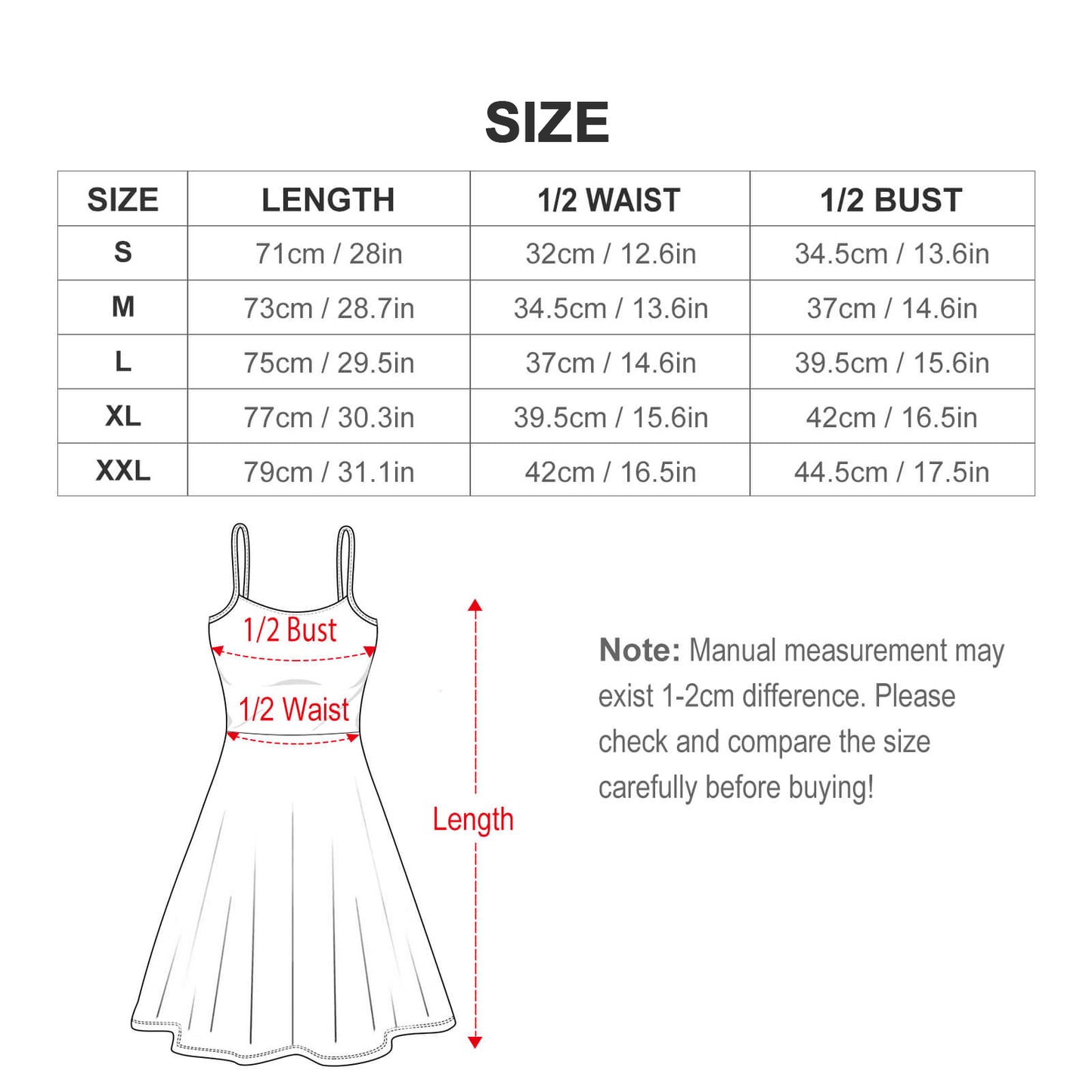 Official size chart graphic for the Ateez Aniteez character print spaghetti strap dress, detailing skirt length, 1/2 waistline, and 1/2 bust measurements across sizes S to 2XL.
