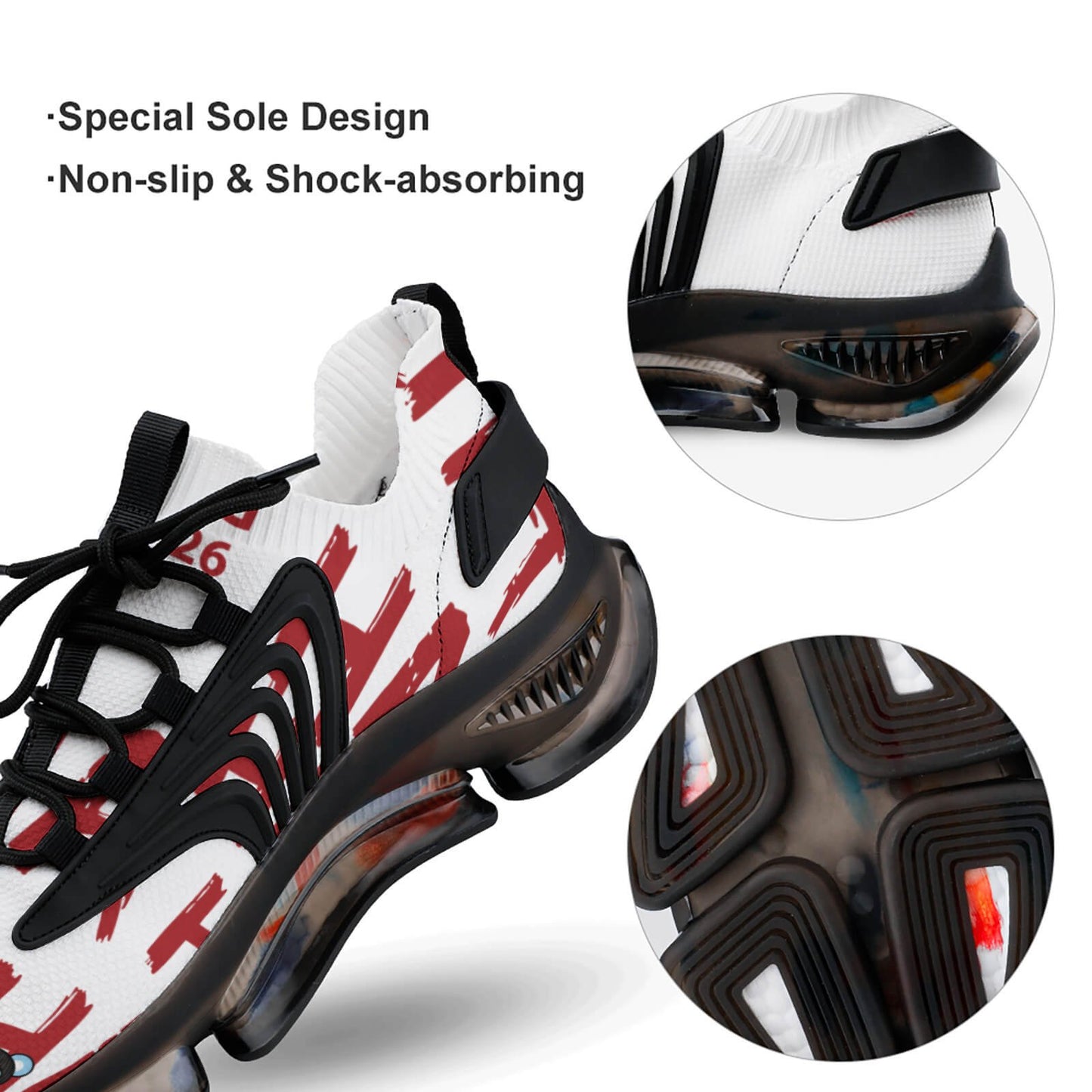 Product infographic of the white K-pop high-top sneaker highlighting the technical outsole features, with callout circles detailing the shock-absorbing clear heel cushioning bubble and the non-slip textured rubber tread pattern.