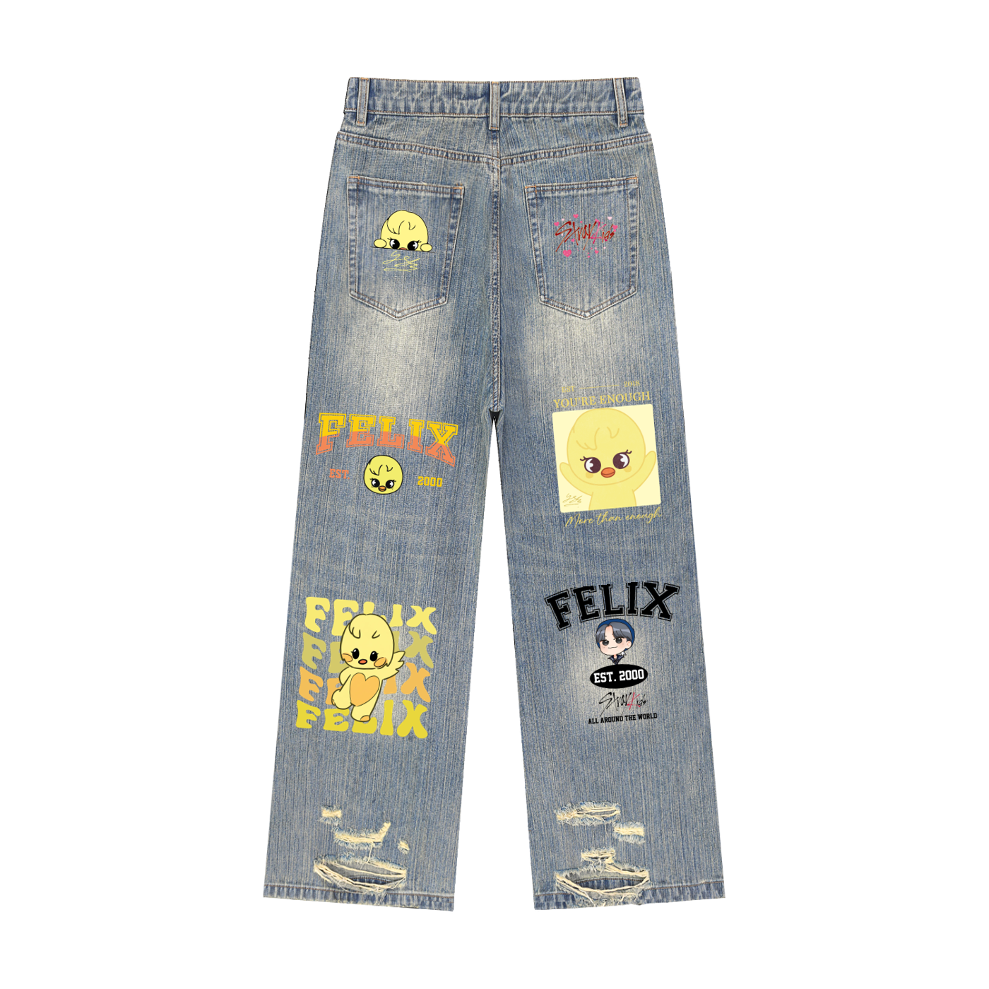 Close-up view of the custom SKZOO Felix back pocket graphic and premium handcrafted distressing on heavy cotton light blue streetwear jean