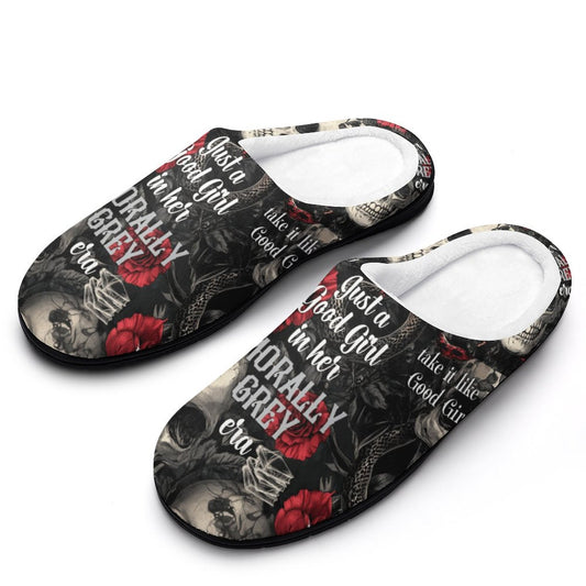 White plush bookish slippers with 'In My Morally Grey Era' text and skull rose design.