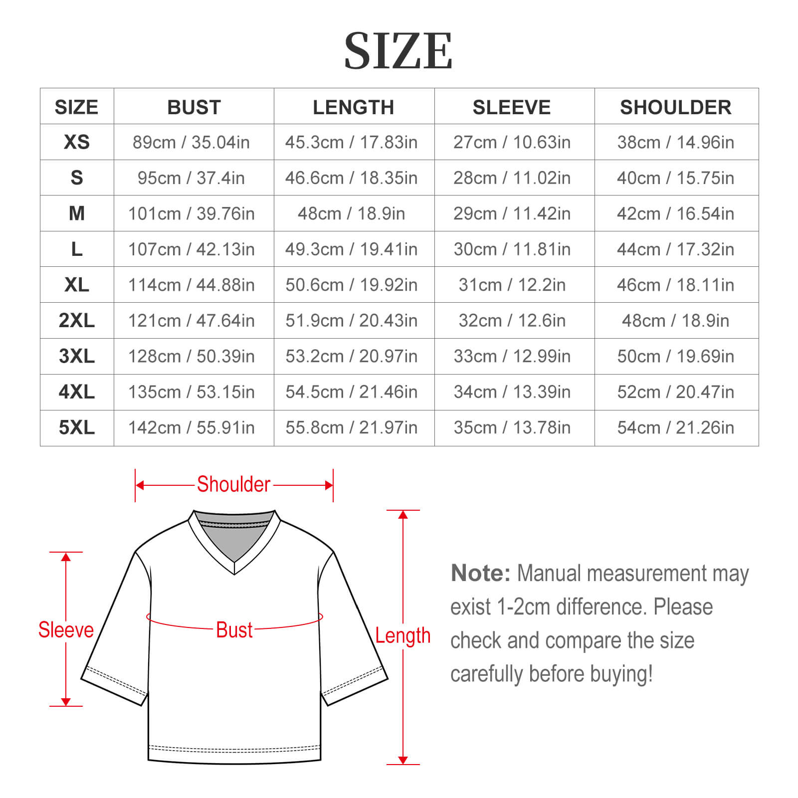 Flat lay dimension size chart for the women's V-neck rugby shirt, outlining inclusive European sizing parameters from XS to 5XL for an accurate true-to-size or oversized streetwear fit.