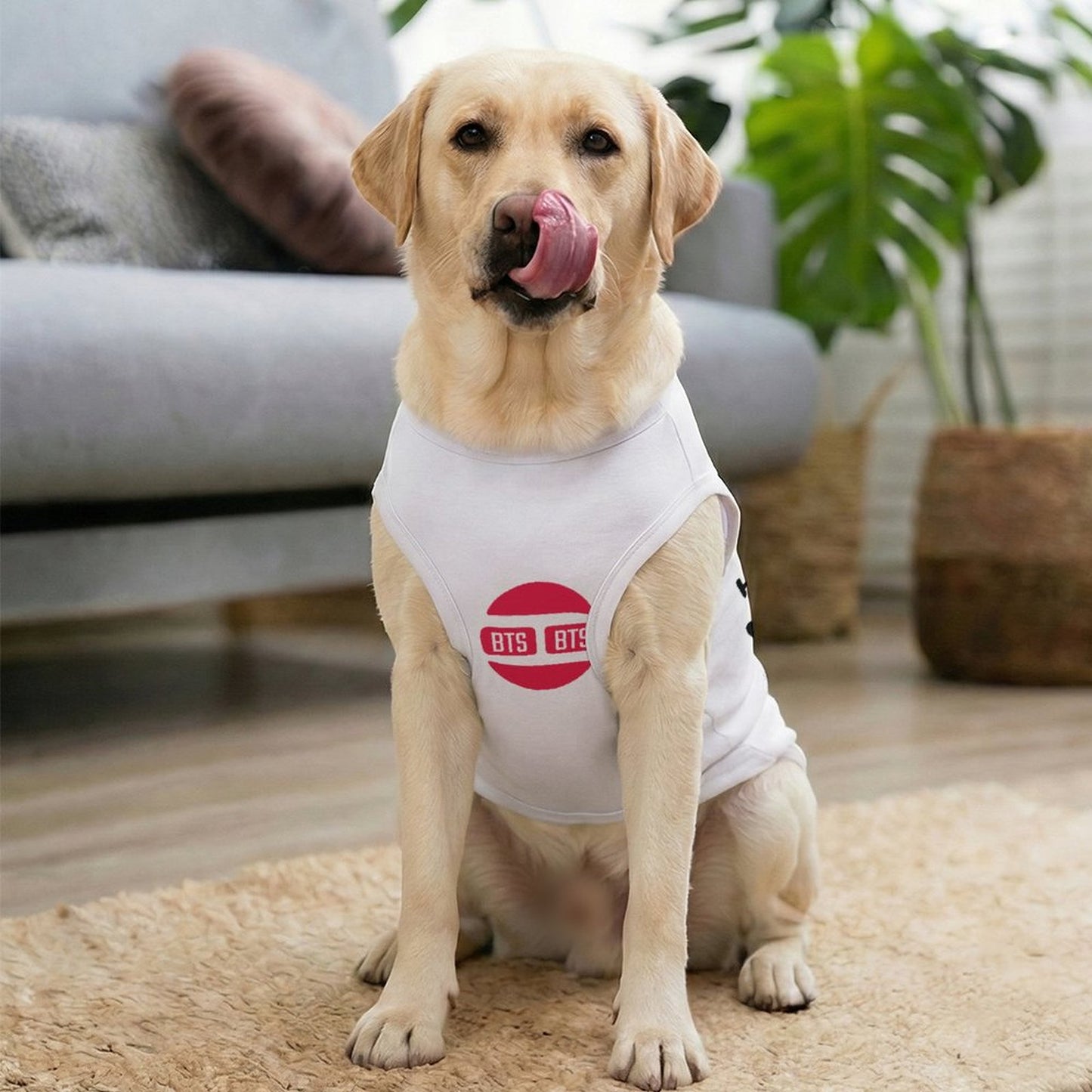 Close up of breathable ice silk fabric on a BTS ARMY inspired pet cooling vest.