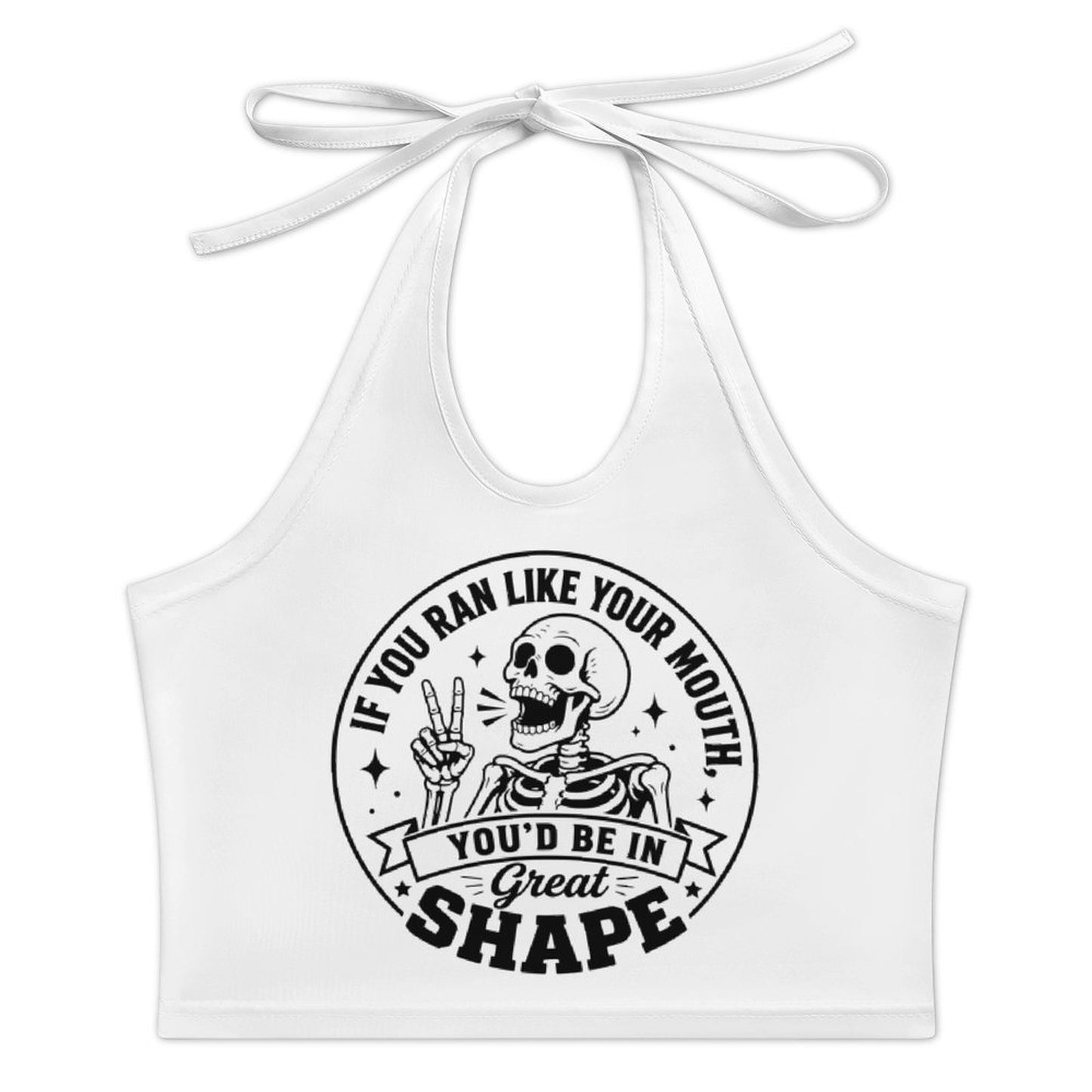 Clean, front-facing product mockup of a sleeveless white halter tie vest displaying a bold black and white retro skeleton fitness graphic on a solid white background.