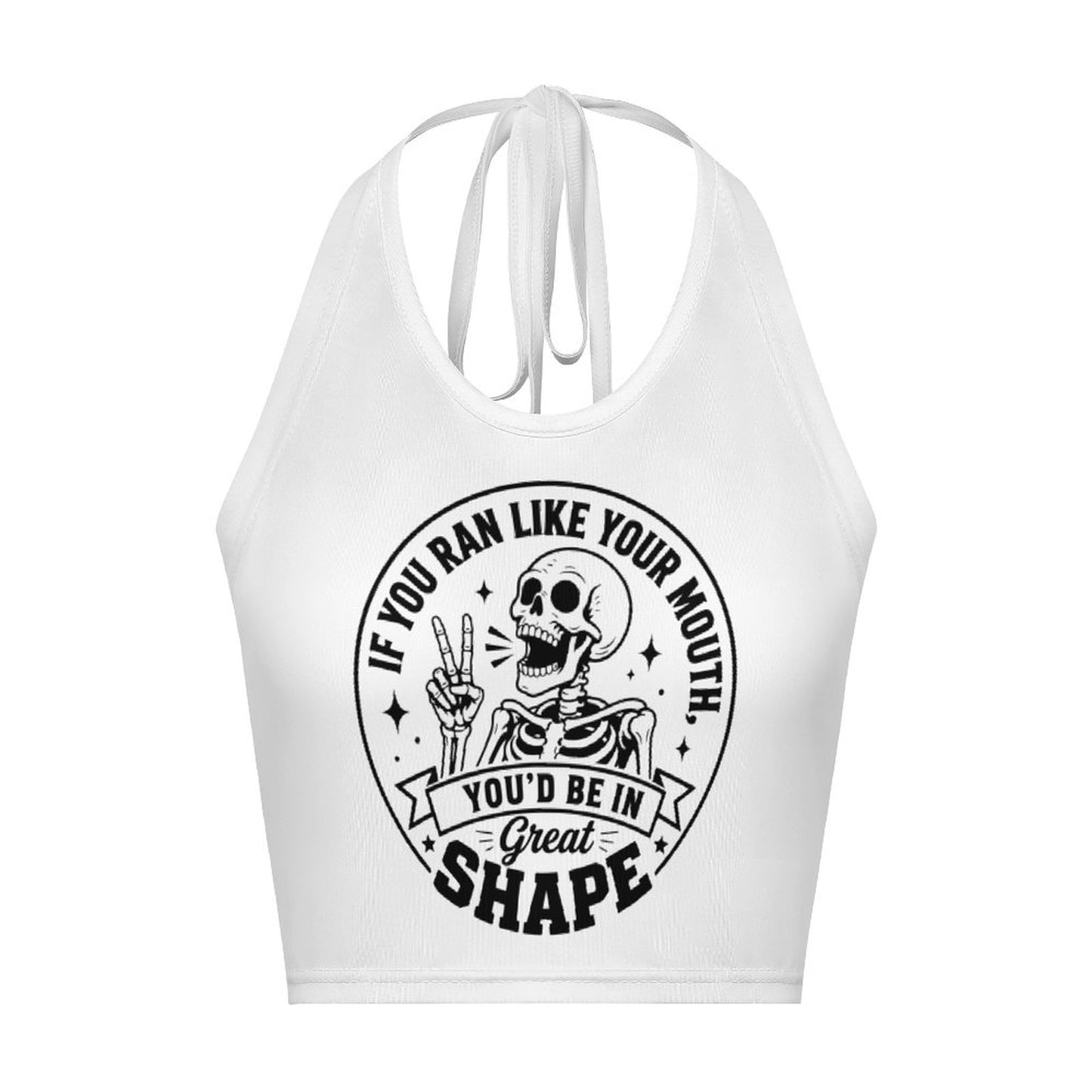 Angled front view product mockup of a white sleeveless halter top highlighting the sleek side fit lines and smooth fabric drape.