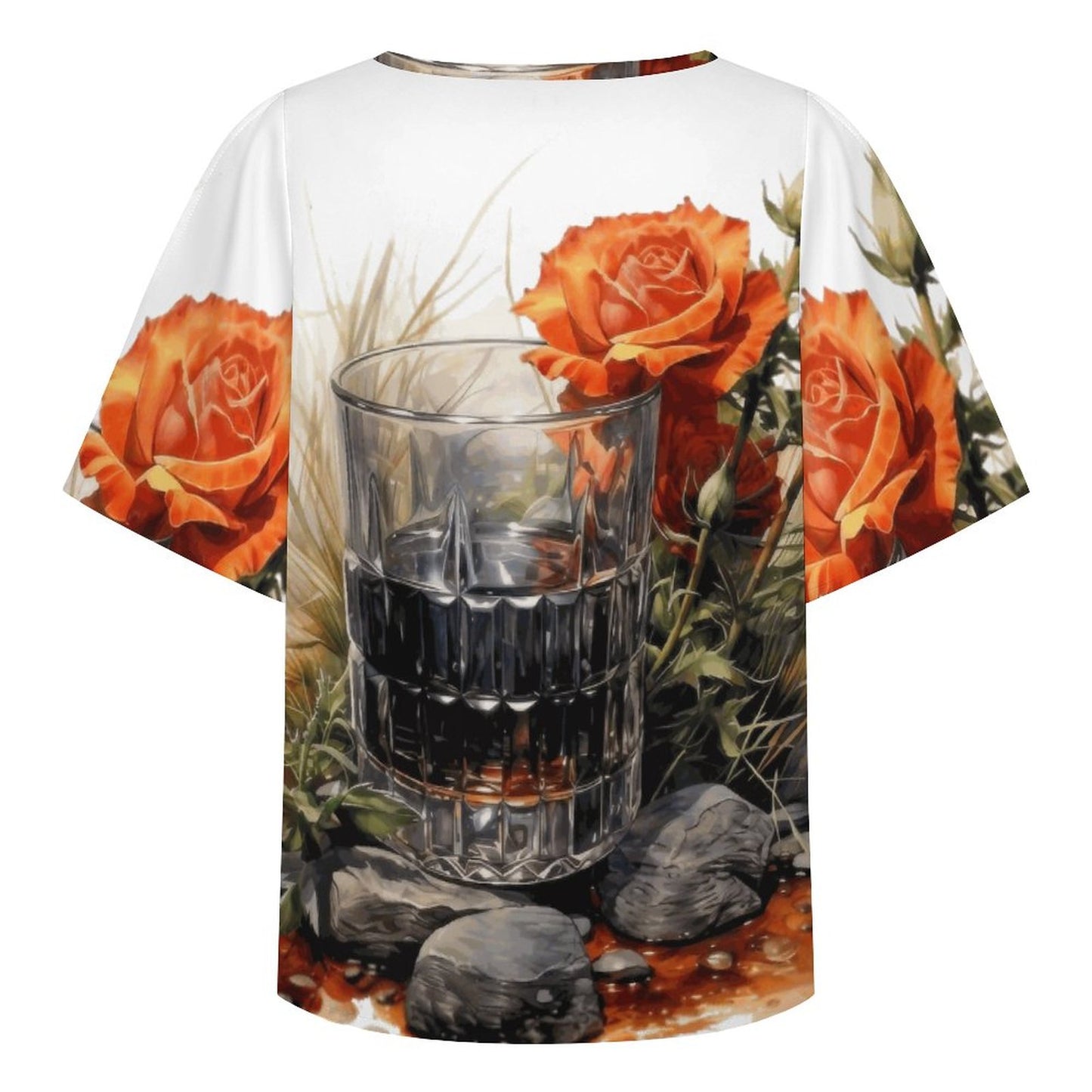 200gsm V Neck Cold Shoulder Ruffled Sleeve Top(All-Over Printing)
