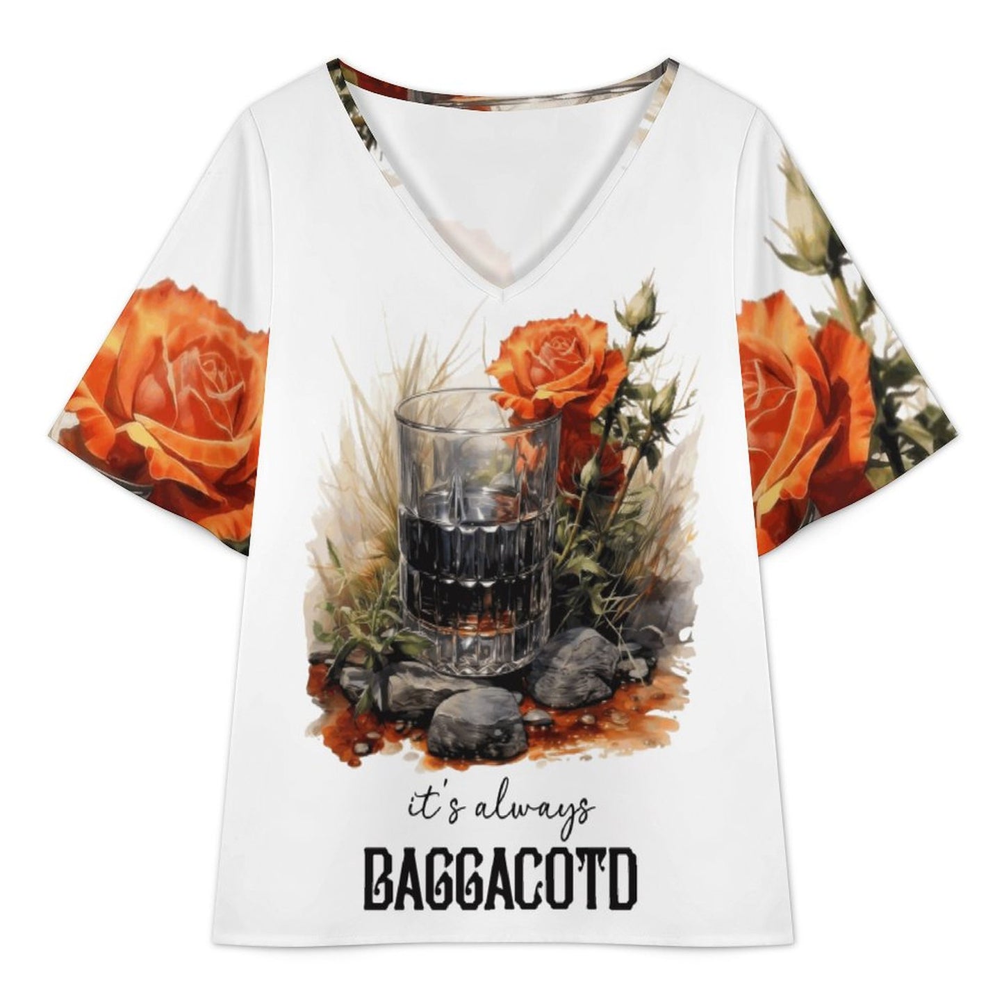 200gsm V Neck Cold Shoulder Ruffled Sleeve Top(All-Over Printing)