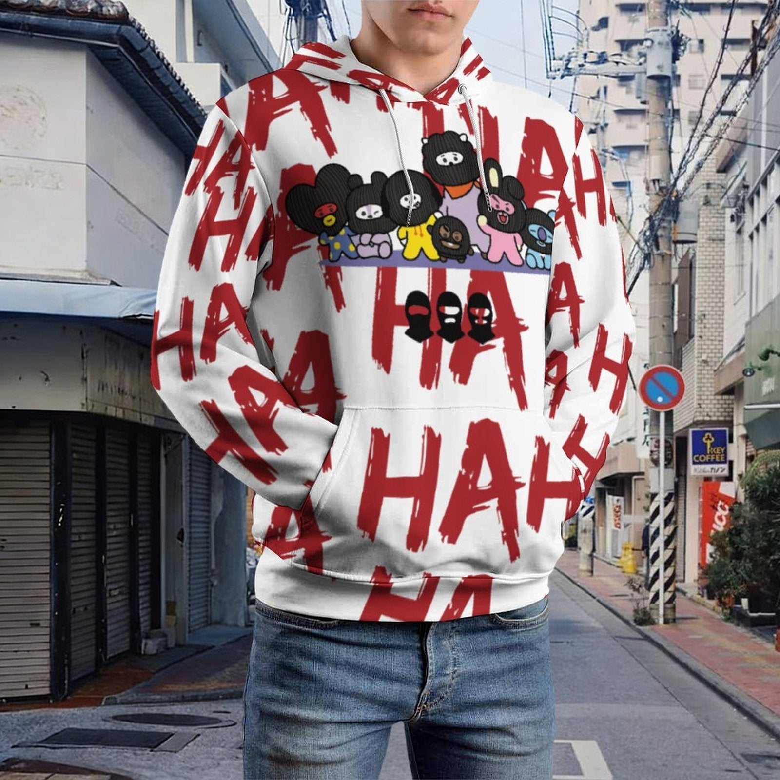 Front view of a premium 230gsm  all-over print graphic hoodie in white, featuring a bold, edgy BTS Hooligan-inspired BT21 design with vibrant colors, a cozy adjustable drawstring hood, and a spacious front kangaroo pocket for a trendy K-pop streetwear look.