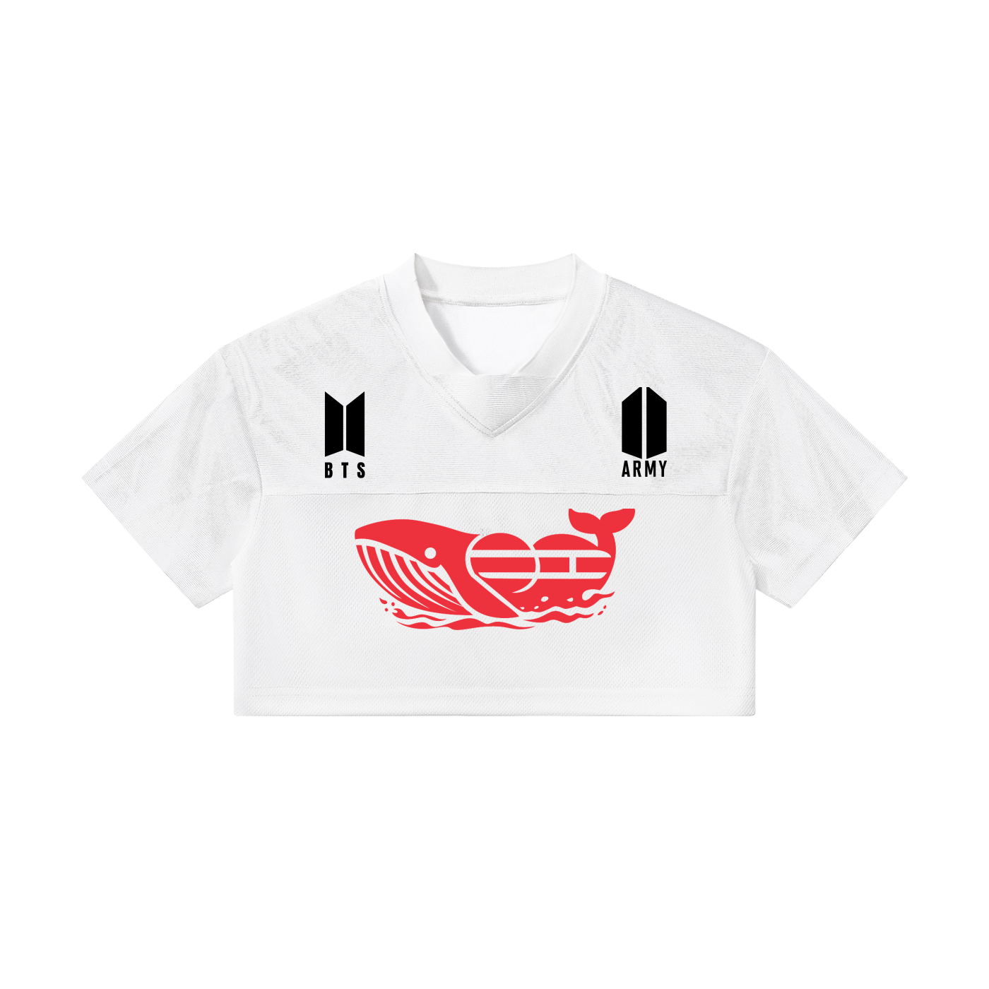 BTS J-Hope cropped paneled v-neck jersey in white streetwear style