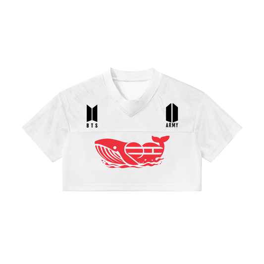 BTS J-Hope cropped paneled v-neck jersey in white streetwear style
