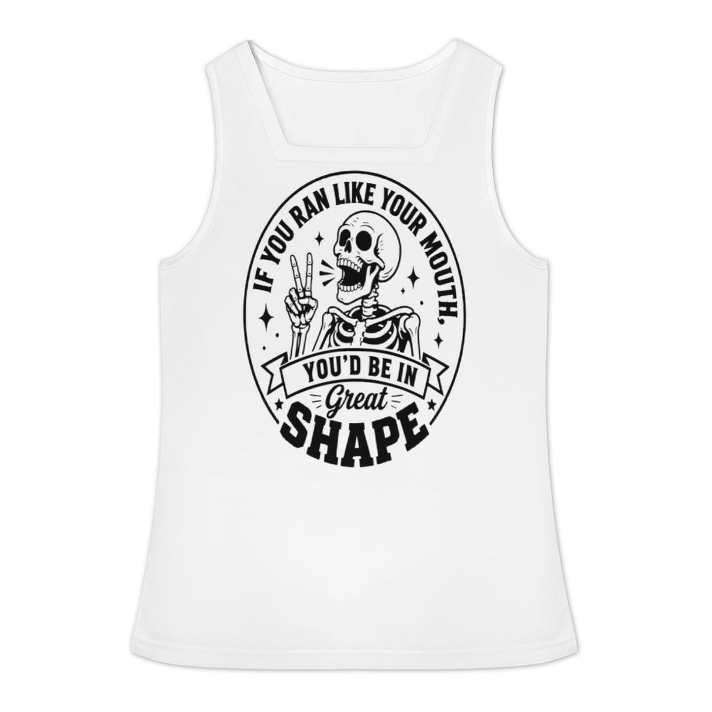 Clean, front-facing product mockup of a sleeveless white square-neck crop top displaying a bold black and white retro skeleton fitness graphic on a solid white background.