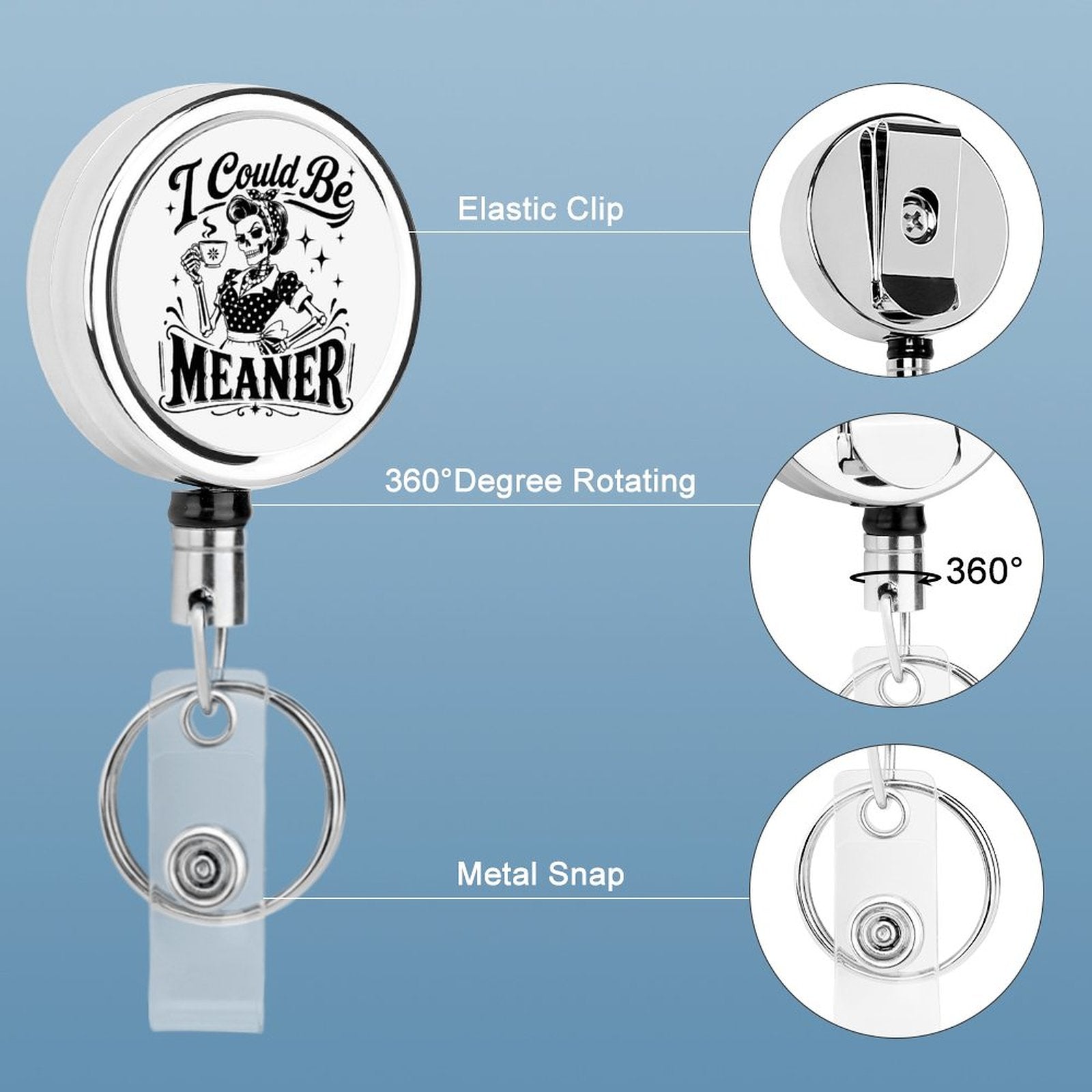 Retractable badge holder with features labeled on a blue background