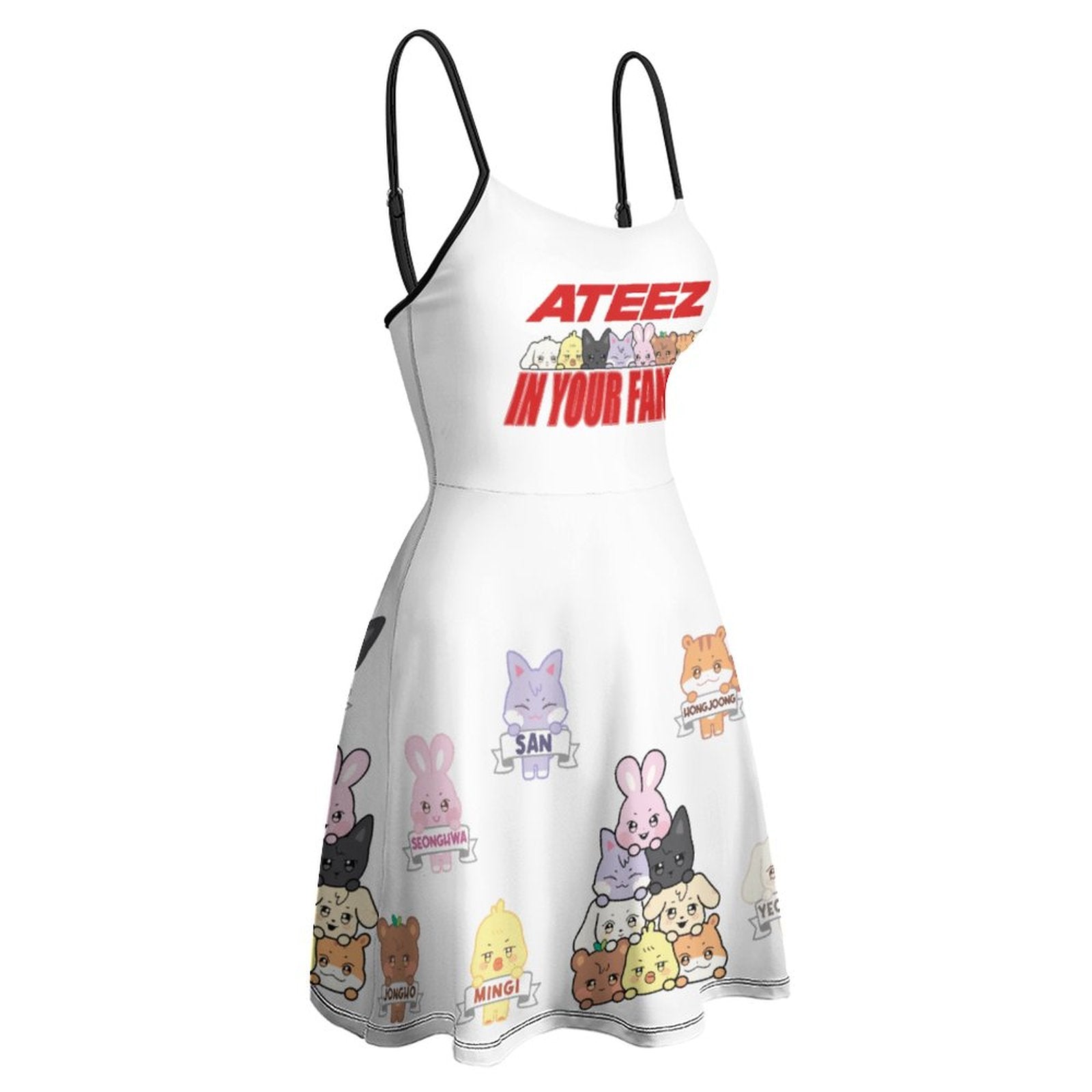 Side profile view of a model wearing the white Ateez Aniteez character print dress, showcasing the short mini length and stretchy A-line silhouette.