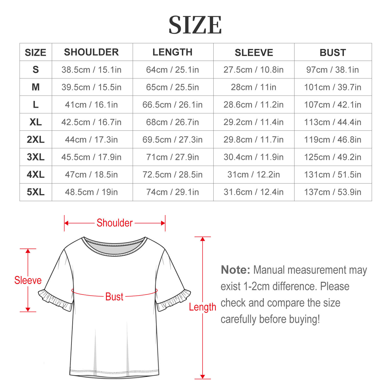 Flat lay dimension size chart for the women's flared sleeve graphic tee, outlining inclusive European sizing parameters from S to 5XL.