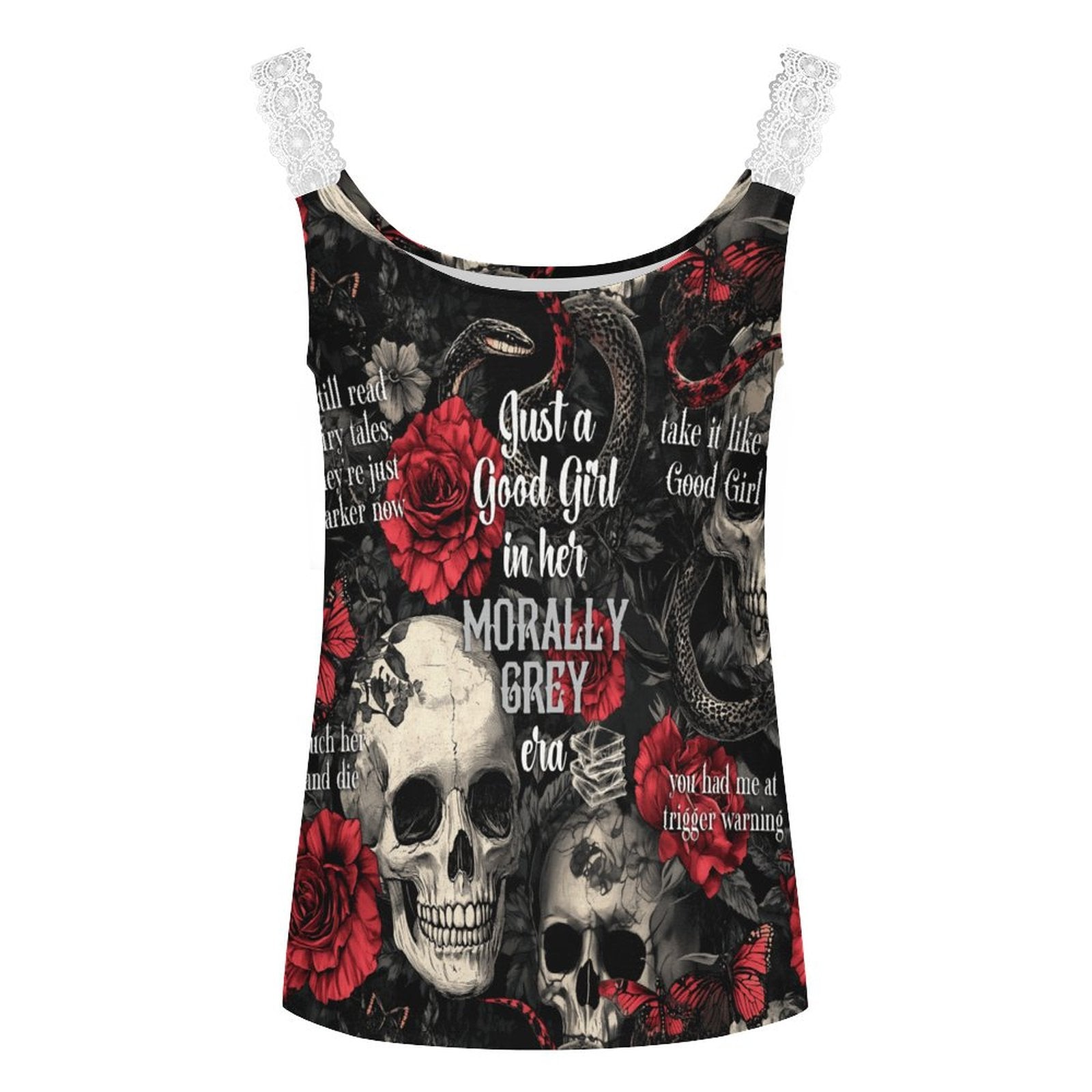 Close-up of delicate V-neck lace trim on a black Romantasy-themed tank top, premium 200gsm fabric detail.