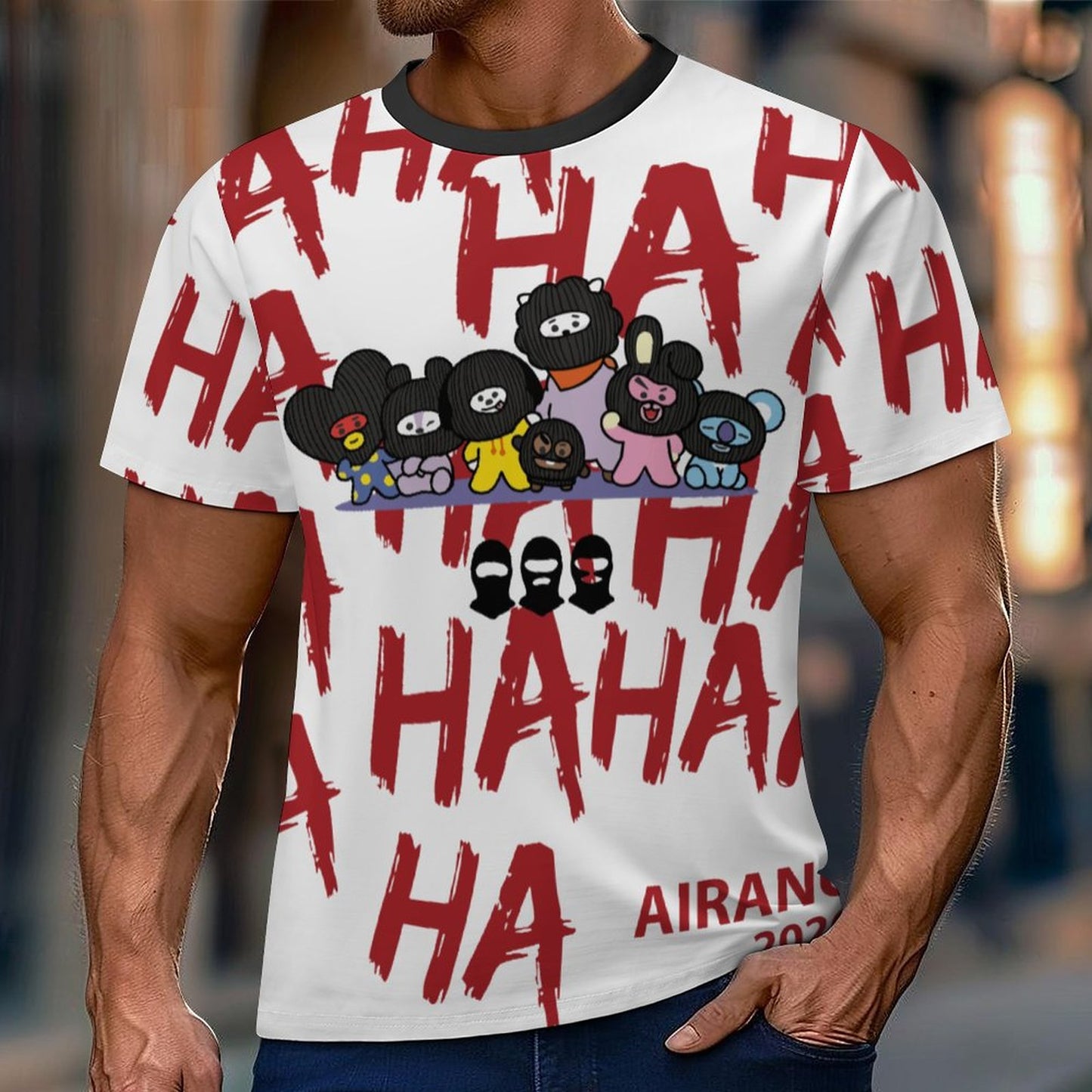 Close-up of the BT21 Hooligan all-over printing streetwear tee featuring a sharp black neckband accent.