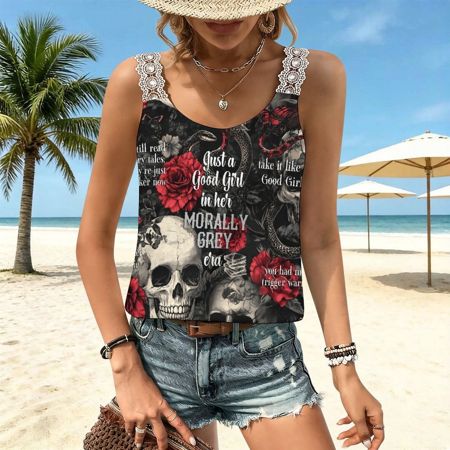 Woman wearing a 'Morally Grey Era' lace-trim bookish camisole with skull and rose graphic, styled in a Dark Academia aesthetic.