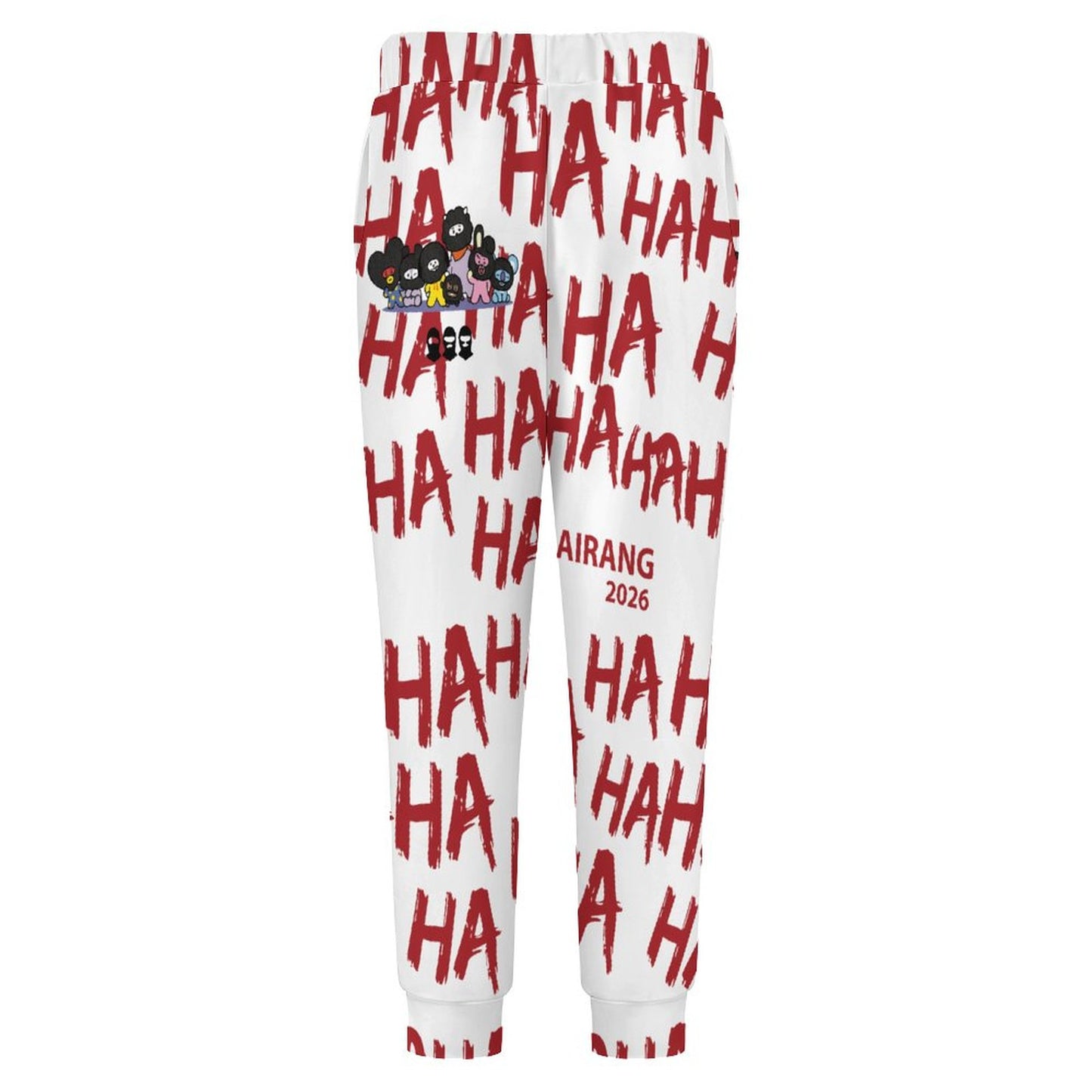 A detailed close-up display of the red HA HA HA text pattern layout on the BT21 Hooligan casual streetwear joggers.