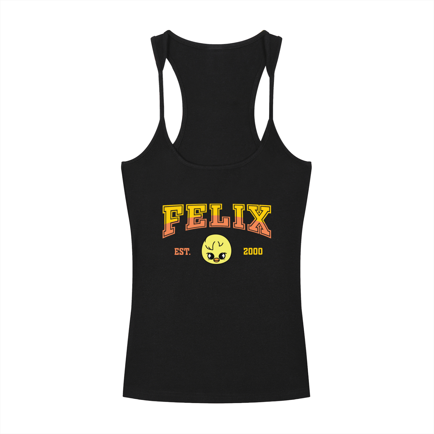 Front flat lay view of the black SKZ Felix BbokAri SKZOO slim fit ribbed racerback tank top featuring a yellow character graphic design.