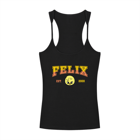 Front flat lay view of the black SKZ Felix BbokAri SKZOO slim fit ribbed racerback tank top featuring a yellow character graphic design.