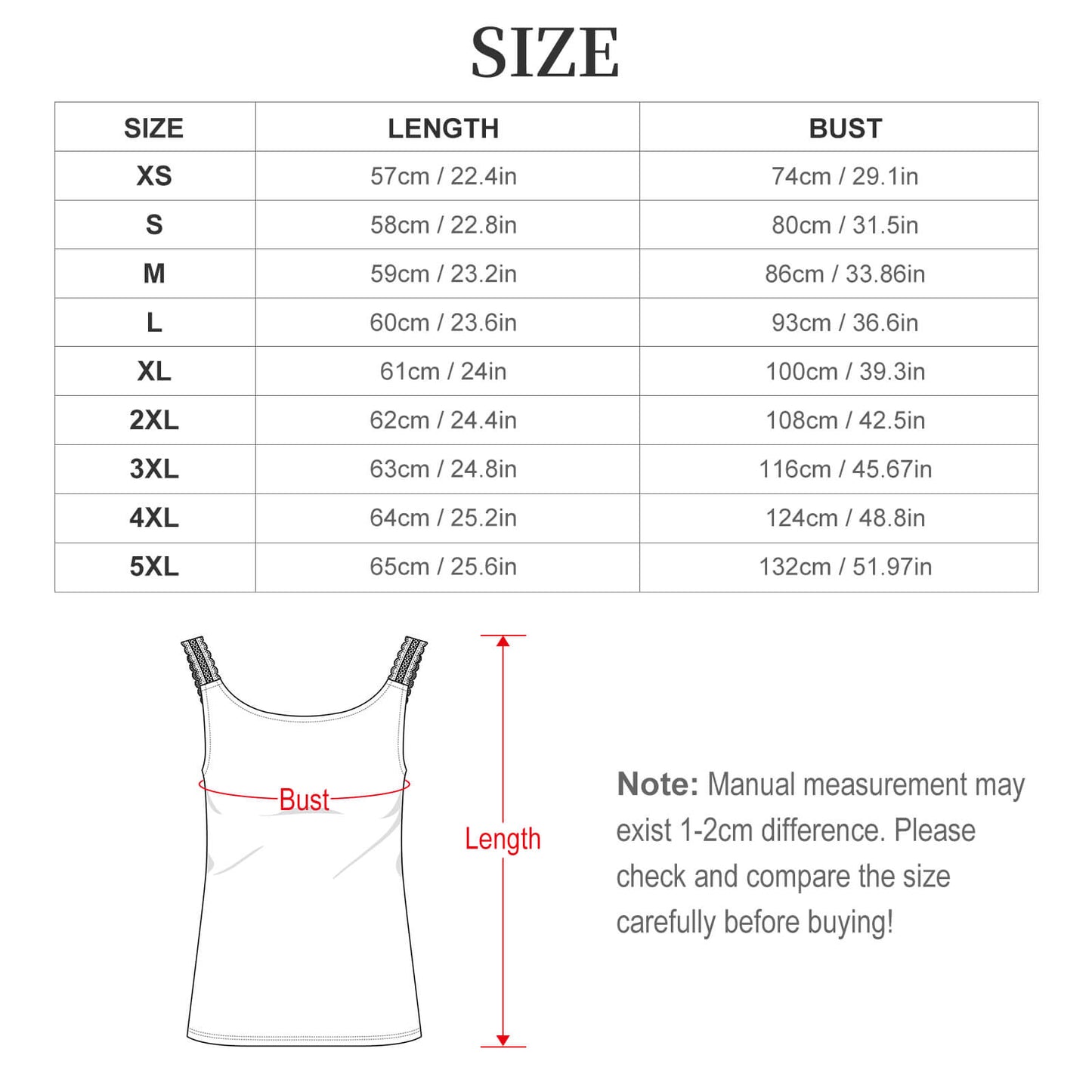 Size chart for 'In Her Morally Grey Era' camisole ranging from XS to 5XL with measurements in cm and inches.