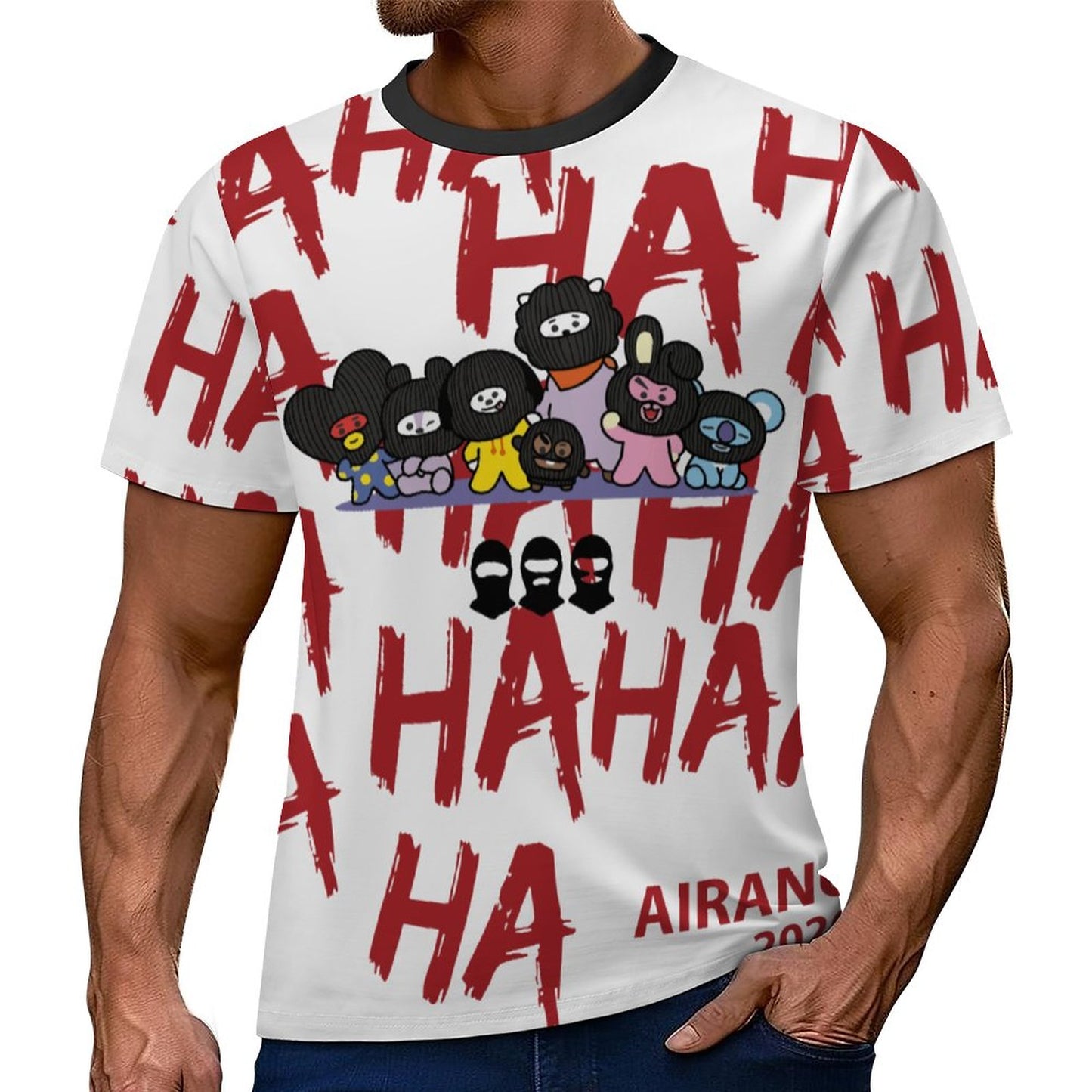 Front view of BTS ARMY BT21 Hooligan men's casual t-shirt with premium vibrant all-over print design.