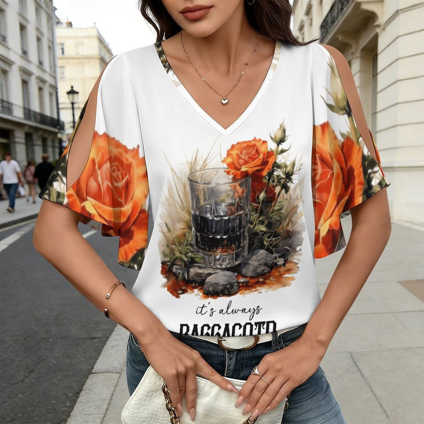 200gsm V Neck Cold Shoulder Ruffled Sleeve Top(All-Over Printing)
