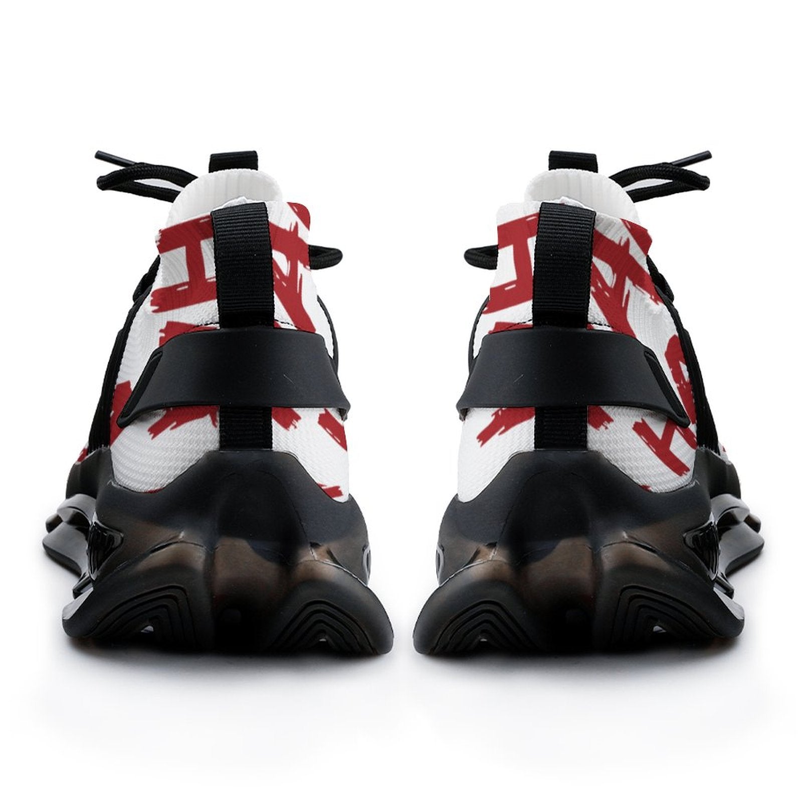 Rear view detail of the HAHAHA Hooligan custom sneakers, showcasing the black heel support straps, thick textured outsoles, and edgy red graphic patterns on a white textile upper.