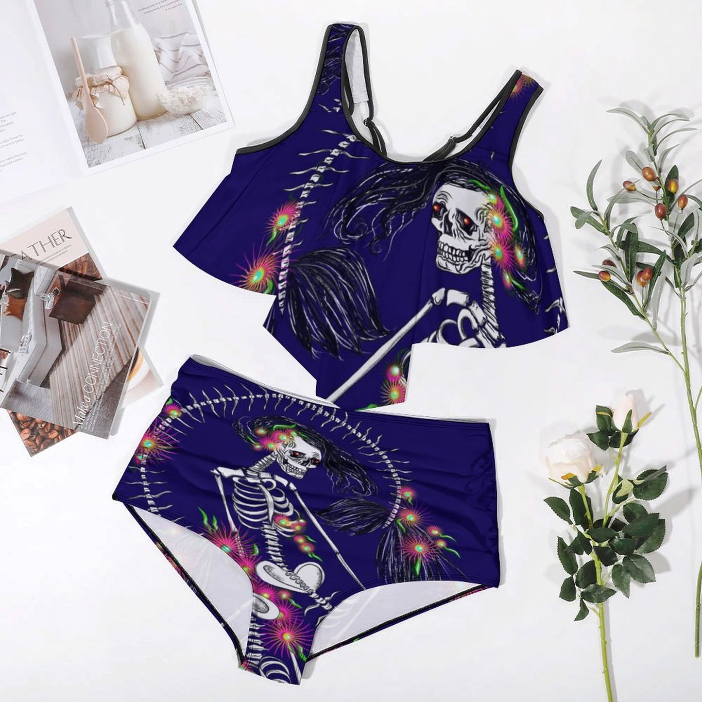 Skeleton Mermaid Plus Size Tankini Swimsuit - Two-Piece Goth Beachwear
