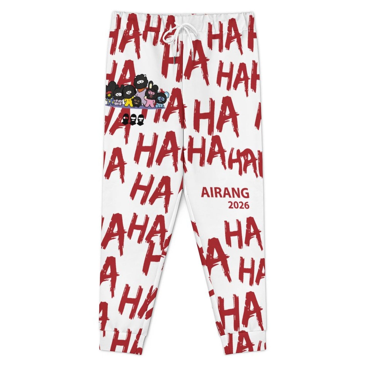 A detailed close-up display of the red HA HA HA text pattern layout on the BT21 Hooligan casual streetwear joggers.