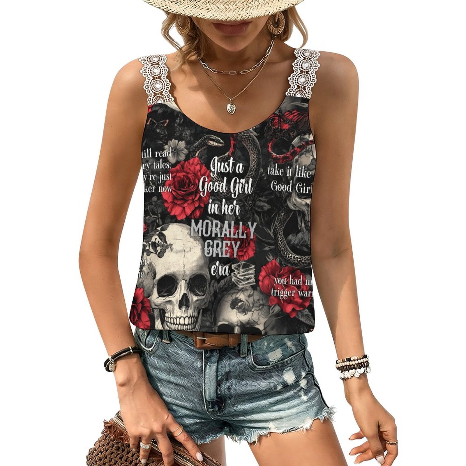 Model wearing a white lace-trim camisole with 'In Her Morally Grey Era' printed on the front, styled for a bookish dark academia aesthetic.