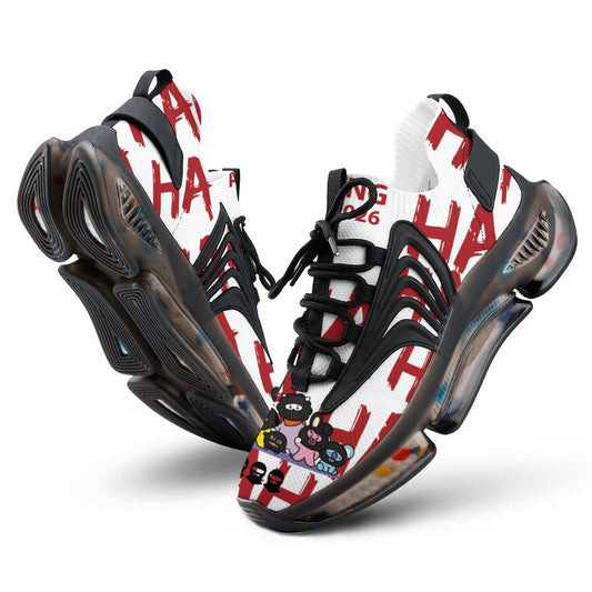 Side view of the white HAHAHA Hooligan high-top basketball shoes, featuring an edgy black and red custom print for a K-pop streetwear fashion look.
