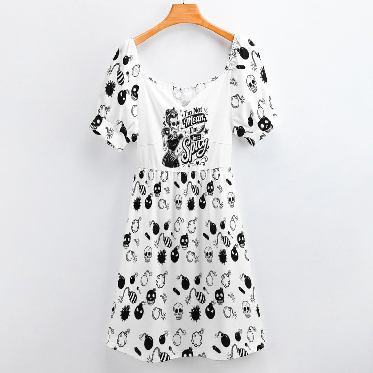 I'm Not Mean I'm Spicy – Skull Bomb Print Dress, Retro V-Neck Flared Summer Outfit