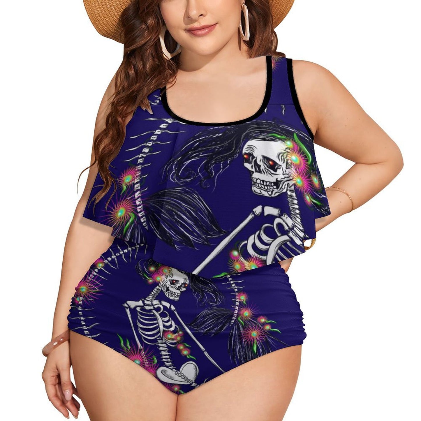 A front view of a plus size women's two piece tankini swimsuit featuring an all-over gothic skeleton mermaid graphic print.