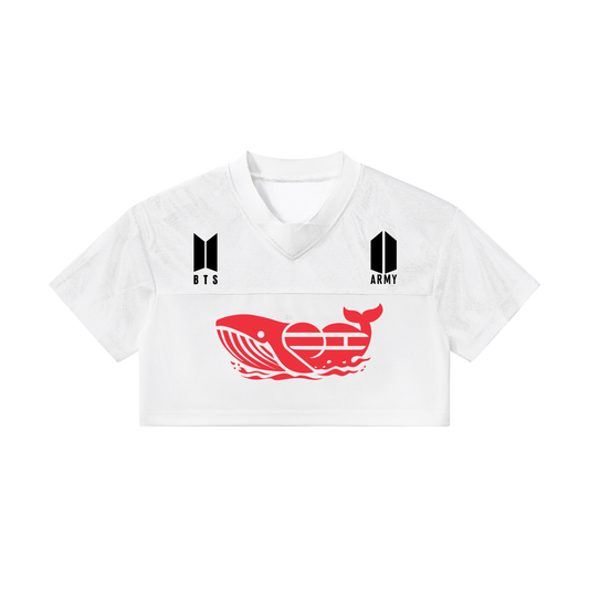 Front view of the white BTS Yoongi cropped paneled v-neck jersey, showcasing a custom red Whalien 52 whale graphic flanked by the black BTS and ARMY logos.
