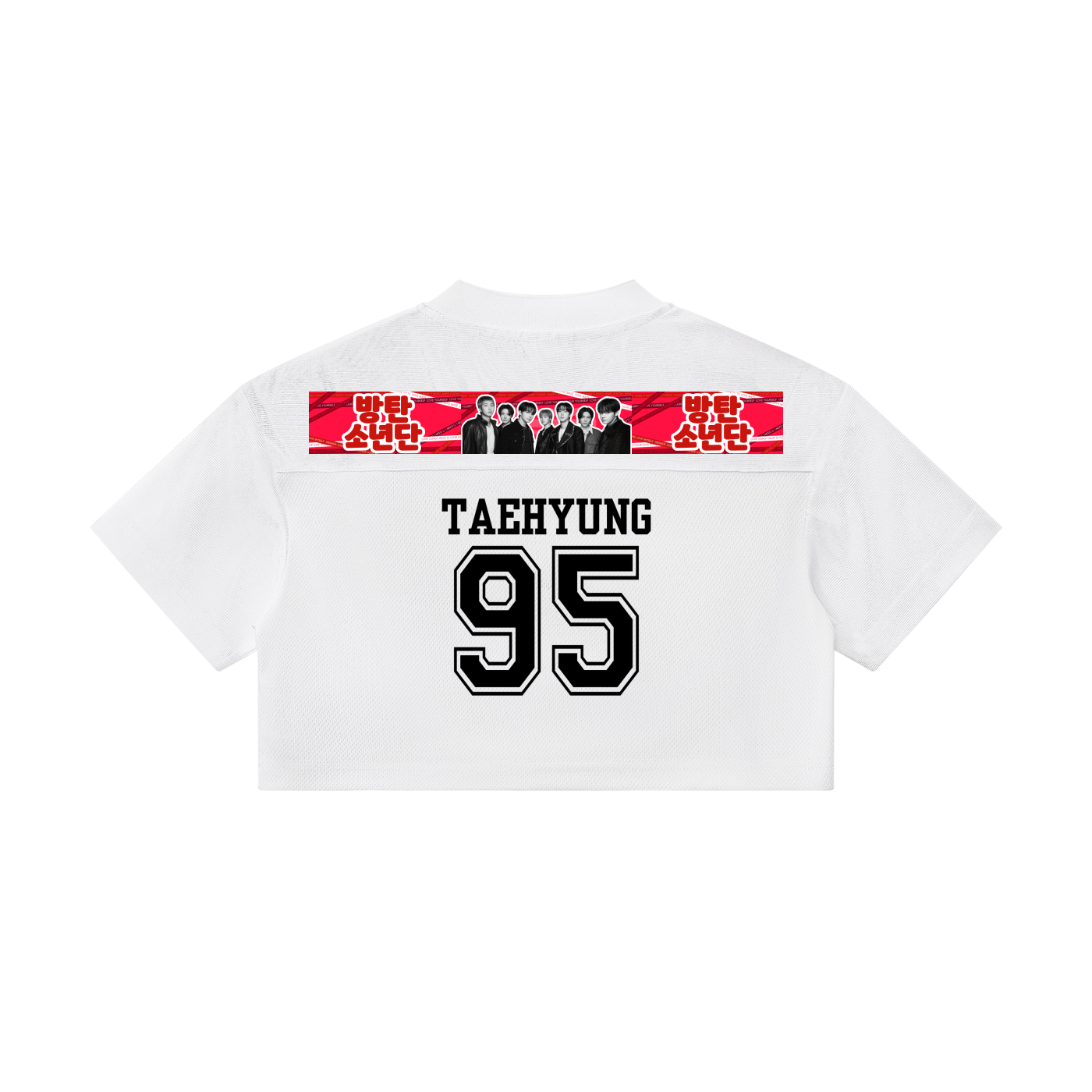 Back view of the white BTS Taehyung cropped paneled v-neck jersey, featuring a bold black 95 player number and Taehyung name print below a red horizontal BTS band photo panel.