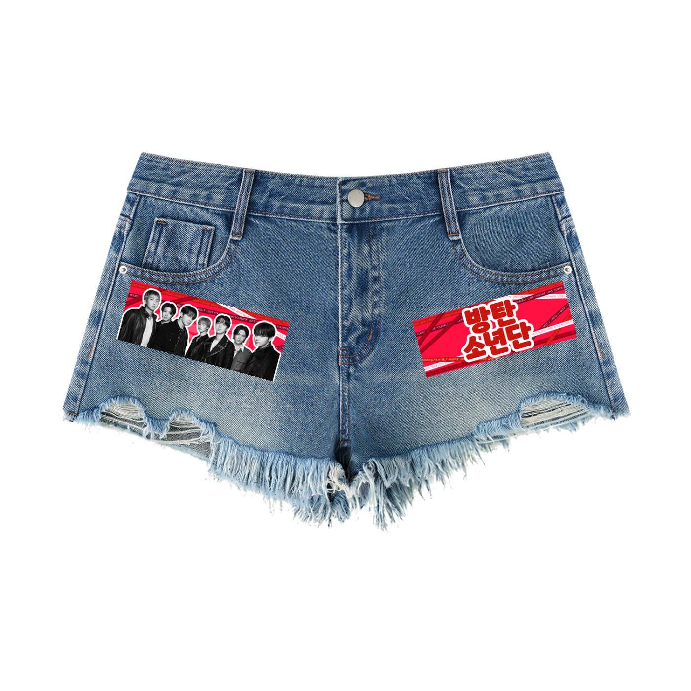 Front flat lay view of BTS women's vintage wash raw hem denim shorts in blue, featuring custom character graphics and edgy distressed ripped details.