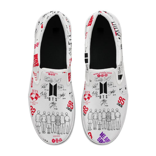 Pair of white BTS Hooligan inspired unisex slip-on canvas shoes