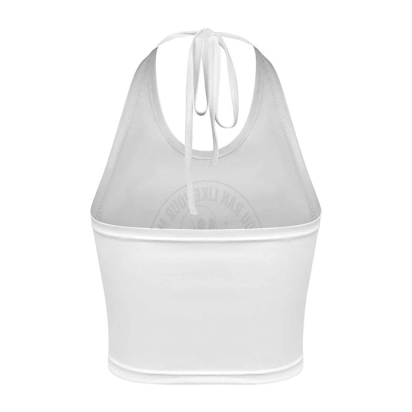 Flat lay view of a white halter neck top showing the unprinted back layout next to a rolled front-facing duplicate piece on a white surface.