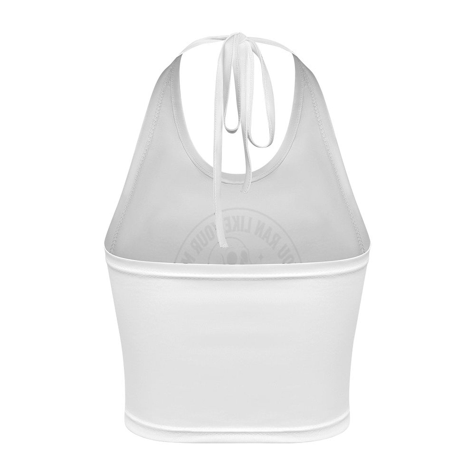 Flat lay view of a white halter neck top showing the unprinted back layout next to a rolled front-facing duplicate piece on a white surface.