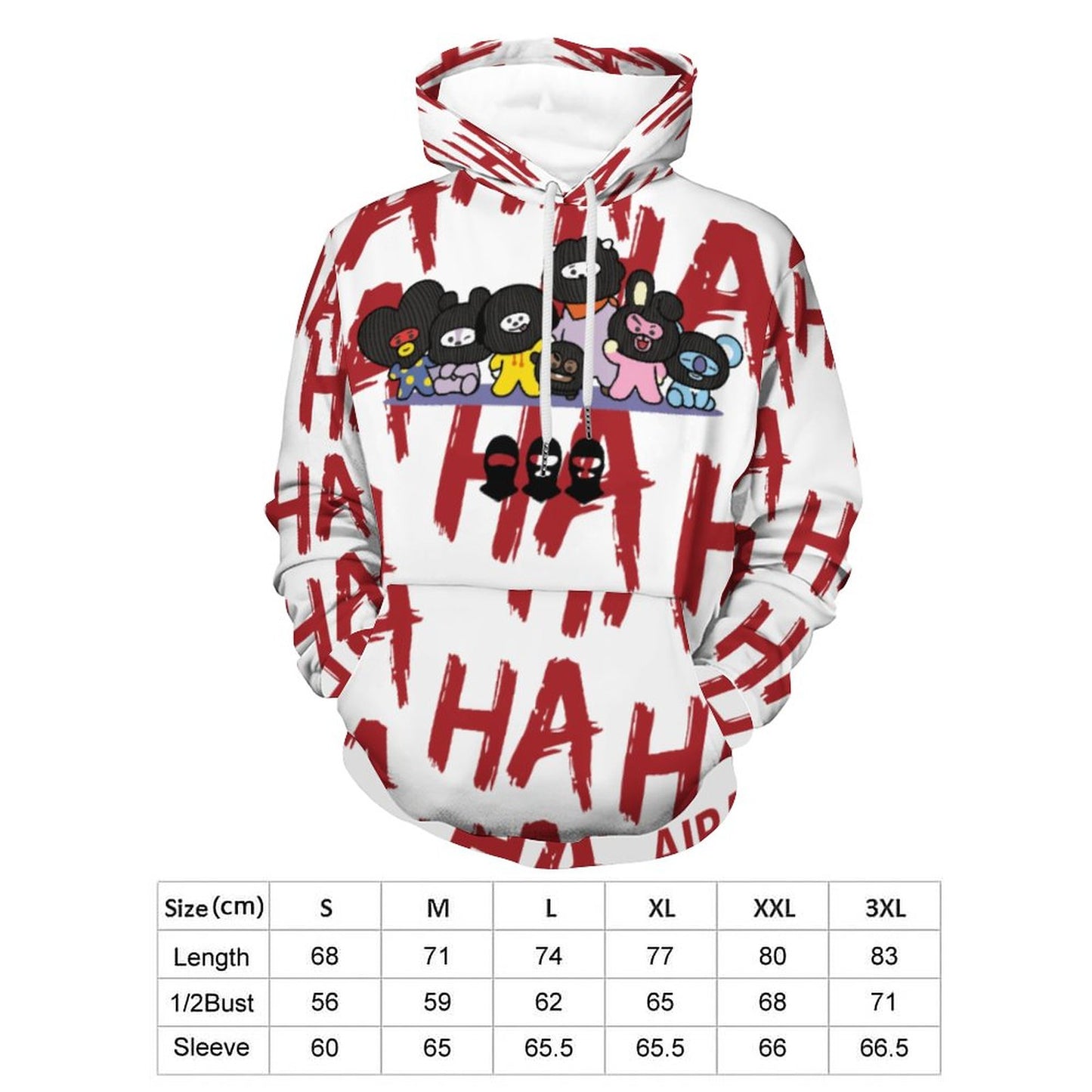 Flat lay image of the white graphic hoodie alongside an inclusive size chart ranging from S to 3XL, detailing flat-lay measurements for finding the perfect oversized aesthetic fit.