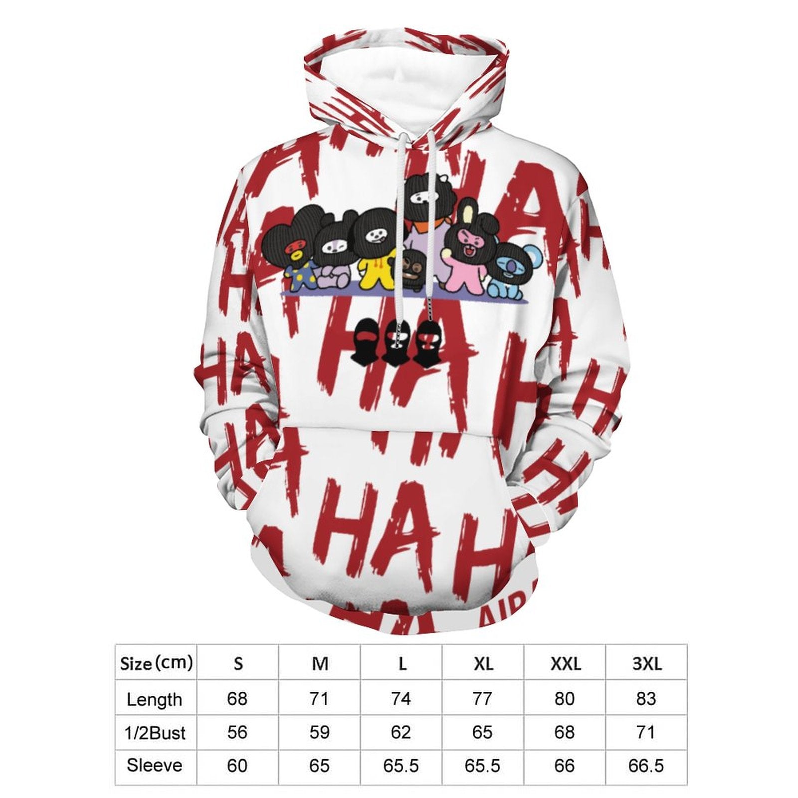 Flat lay image of the white graphic hoodie alongside an inclusive size chart ranging from S to 3XL, detailing flat-lay measurements for finding the perfect oversized aesthetic fit.