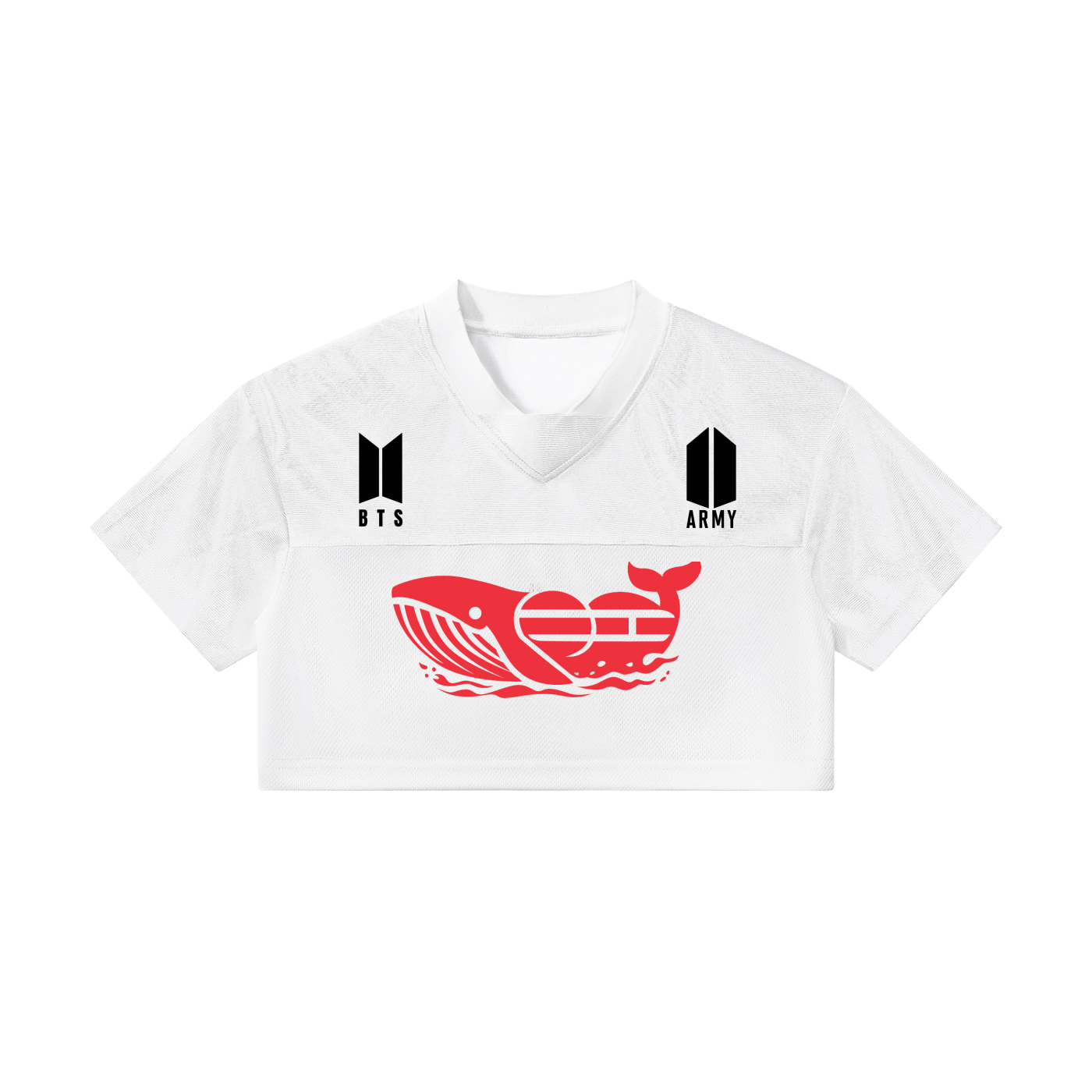 BTS Jin cropped paneled v-neck jersey in white streetwear style