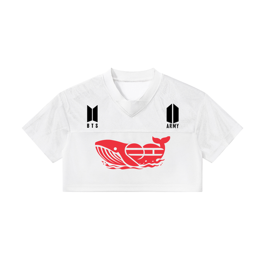 BTS Jin cropped paneled v-neck jersey in white streetwear style