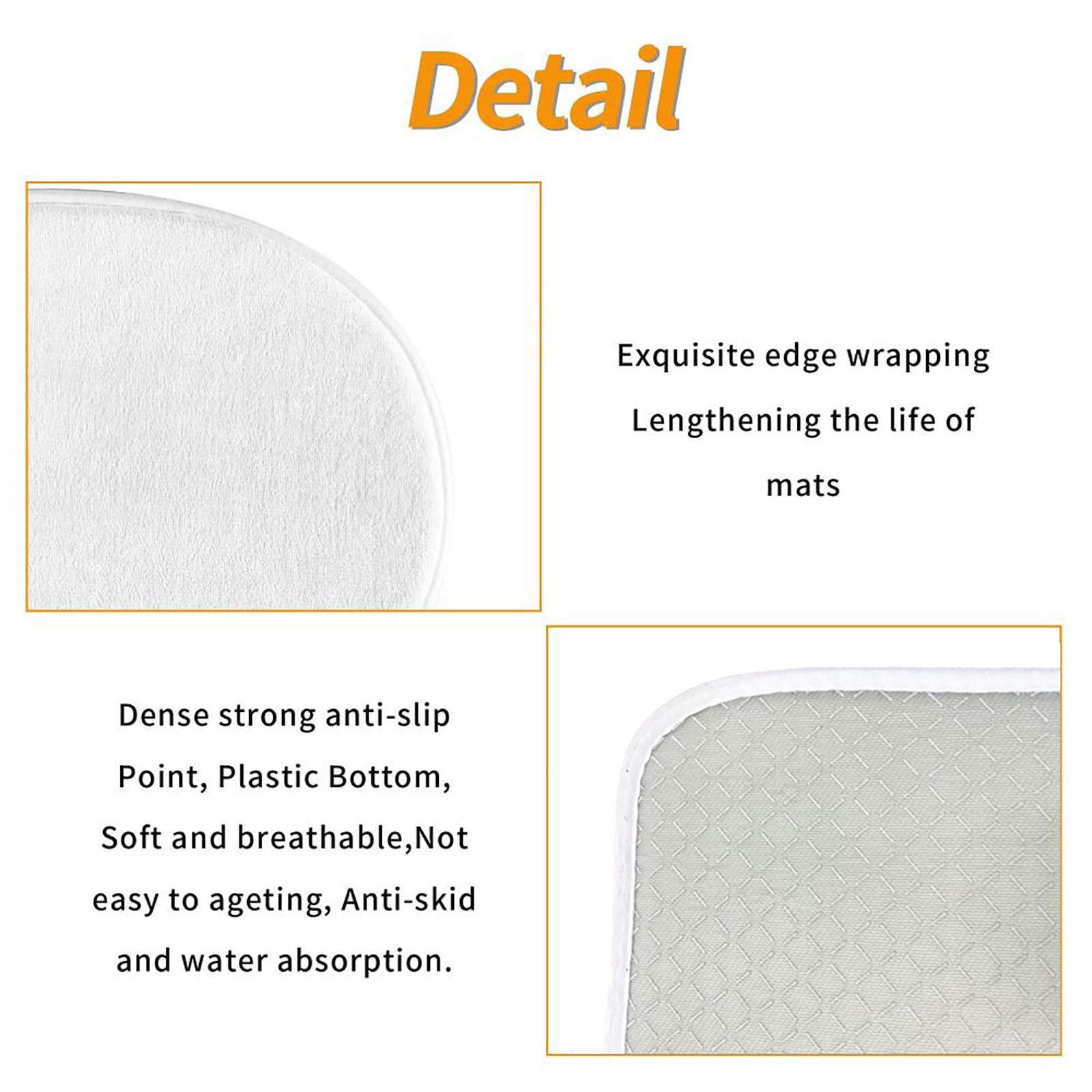 A multi-panel material detail graphic for the bathroom set, highlighting the precision edge stitching, and the soft, water-absorbent plush flannel fabric texture.