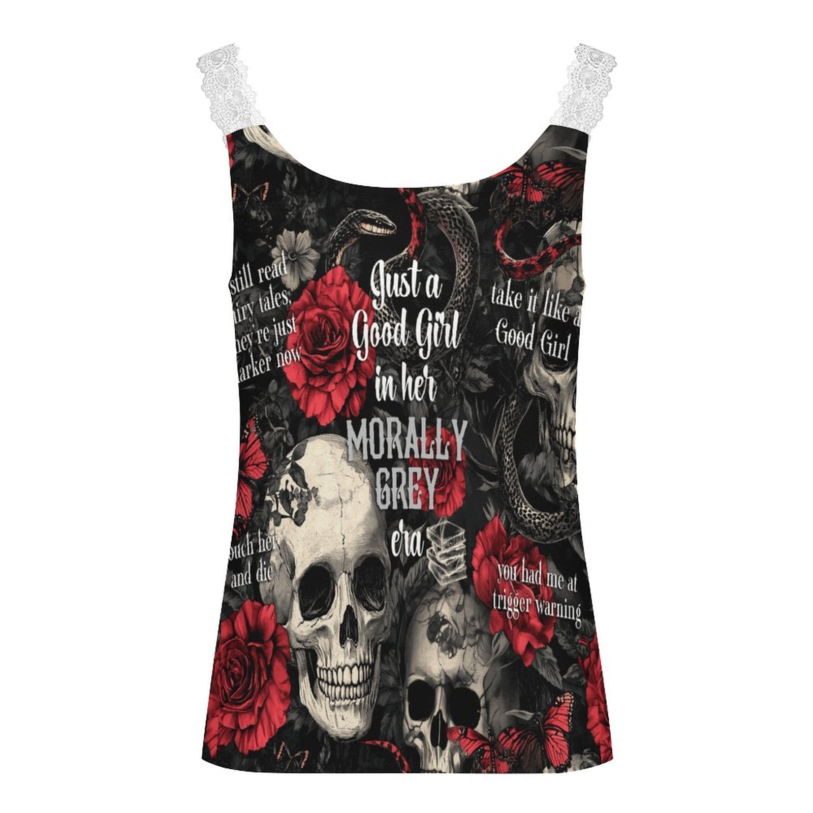 Close-up of delicate V-neck lace trim on a black Romantasy-themed tank top, premium 200gsm fabric detail.