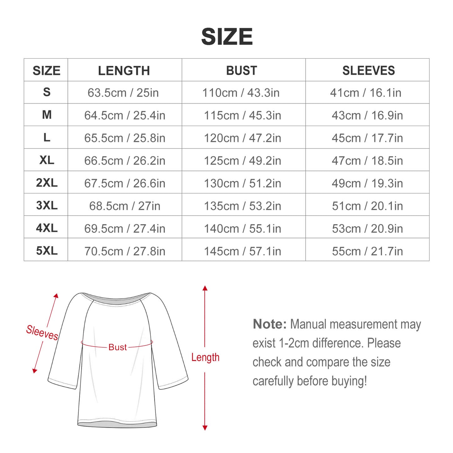 inclusive size chart ranging from S to 5XL, detailing flat-lay measurements for finding the perfect relaxed fit.