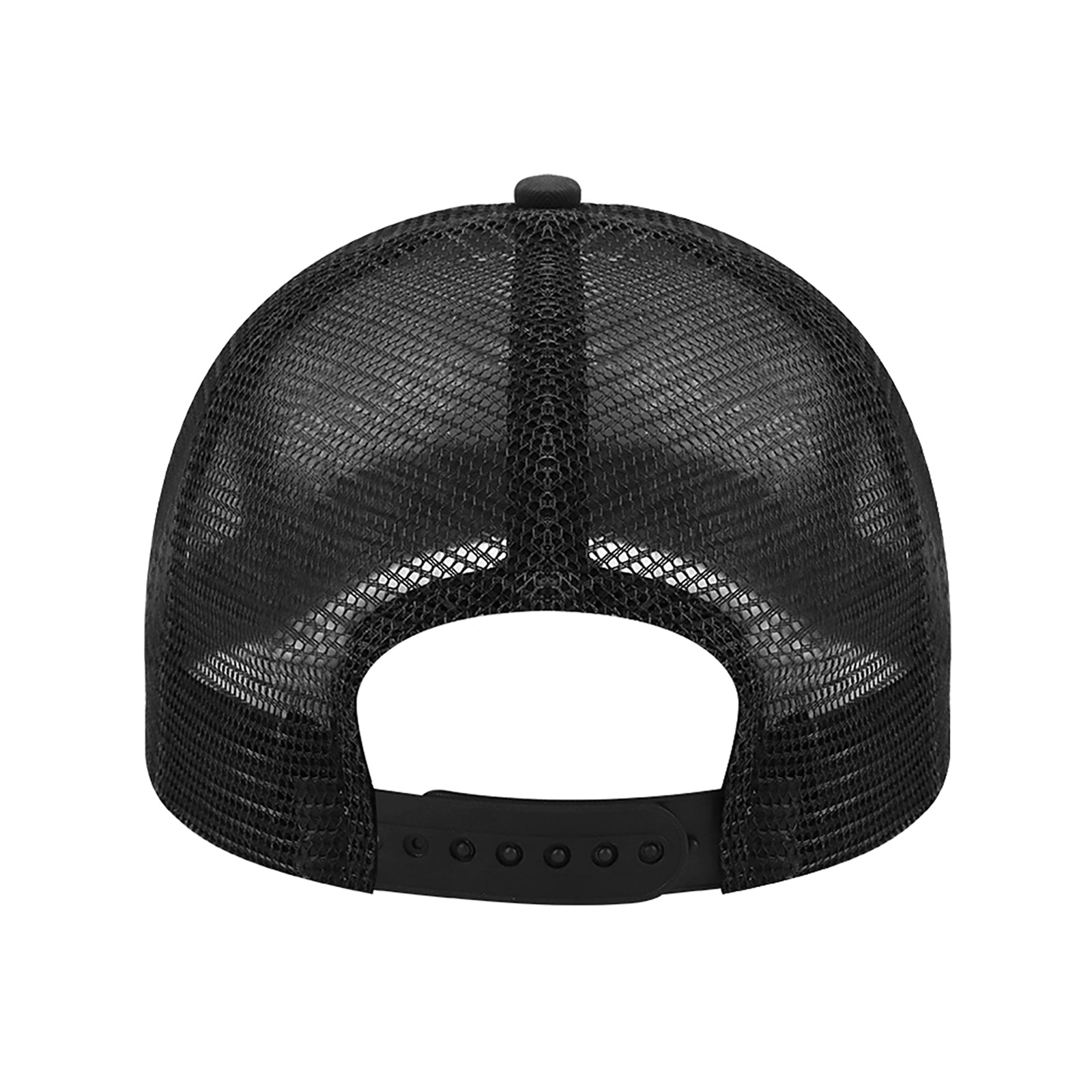 Close up of premium adjustable buckle closure and sweat absorbing band on trucker hat